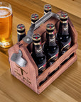 Engraved Wooden Beer Bottle Carrier 6 Pack with Opener