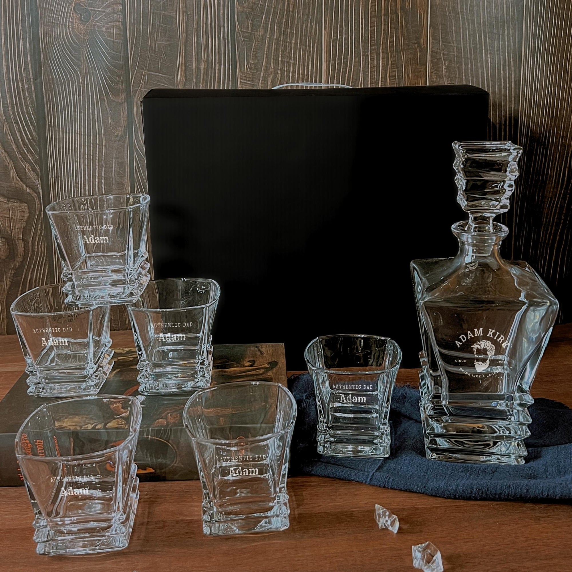 Personalised Prism Whiskey Decanter &amp; 6 Scotch Glasses Box Set , Custom Engraved Whisky Barware, Housewarming, Groomsmen, Dad, Birthday Gift