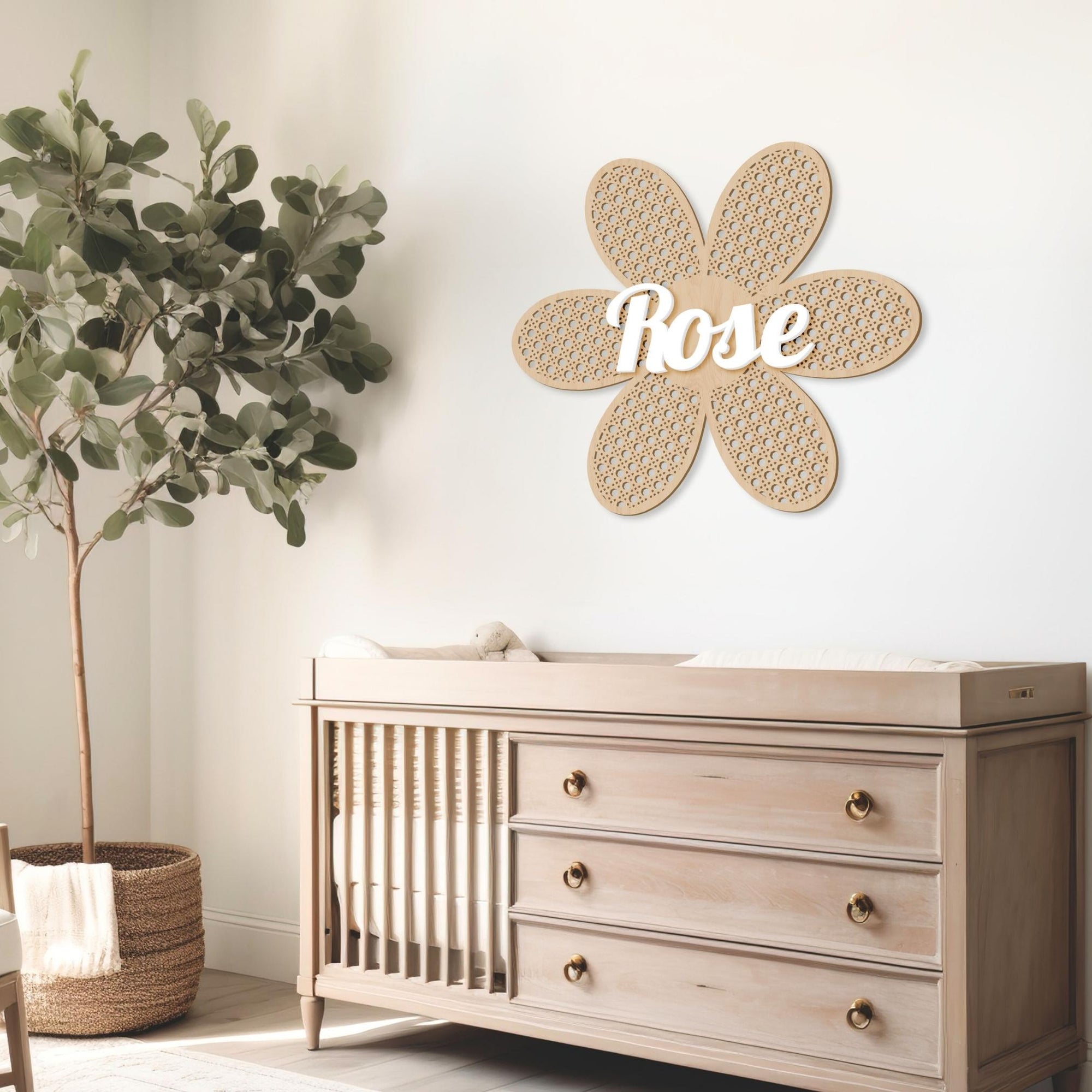 Custom Made 3D Acrylic Name Rattan Daisy Flower Sign, Personalised Kid Nursery Coastal Hampton Wall Decor, Birthday Baby Shower Logo Signage