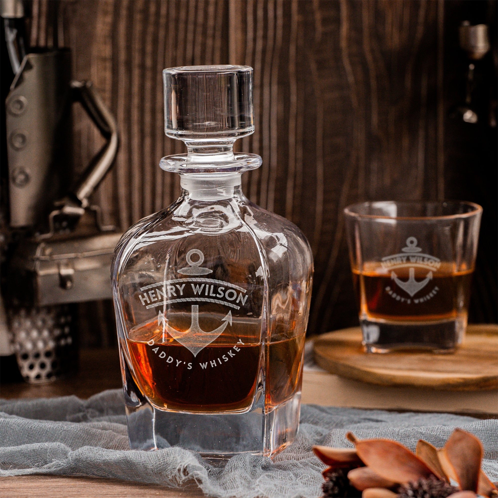 Personalised Curve Whiskey Decanter &amp; 6 Scotch Glasses Box Set , Custom Engraved Whisky Barware, Housewarming, Groomsmen, Dad, Birthday Gift