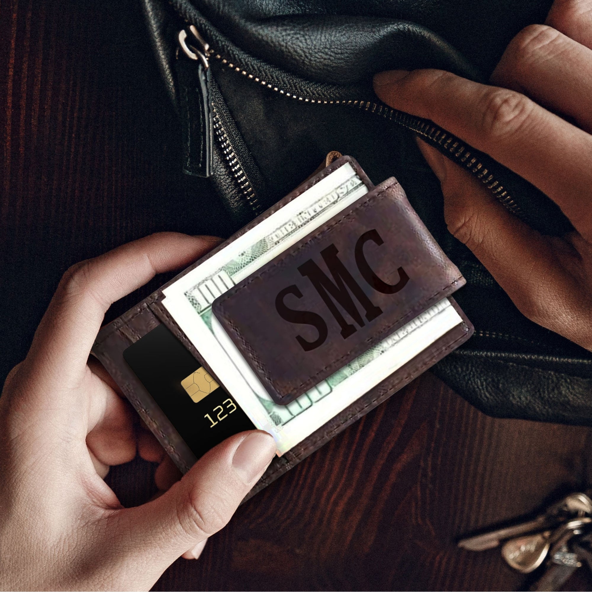 Personalised Genuine Cowhide Leather Magnetic Money Clip Business Card Holder, Custom Engraved Slim Case Organiser Wallet Dad Groomsman Gift