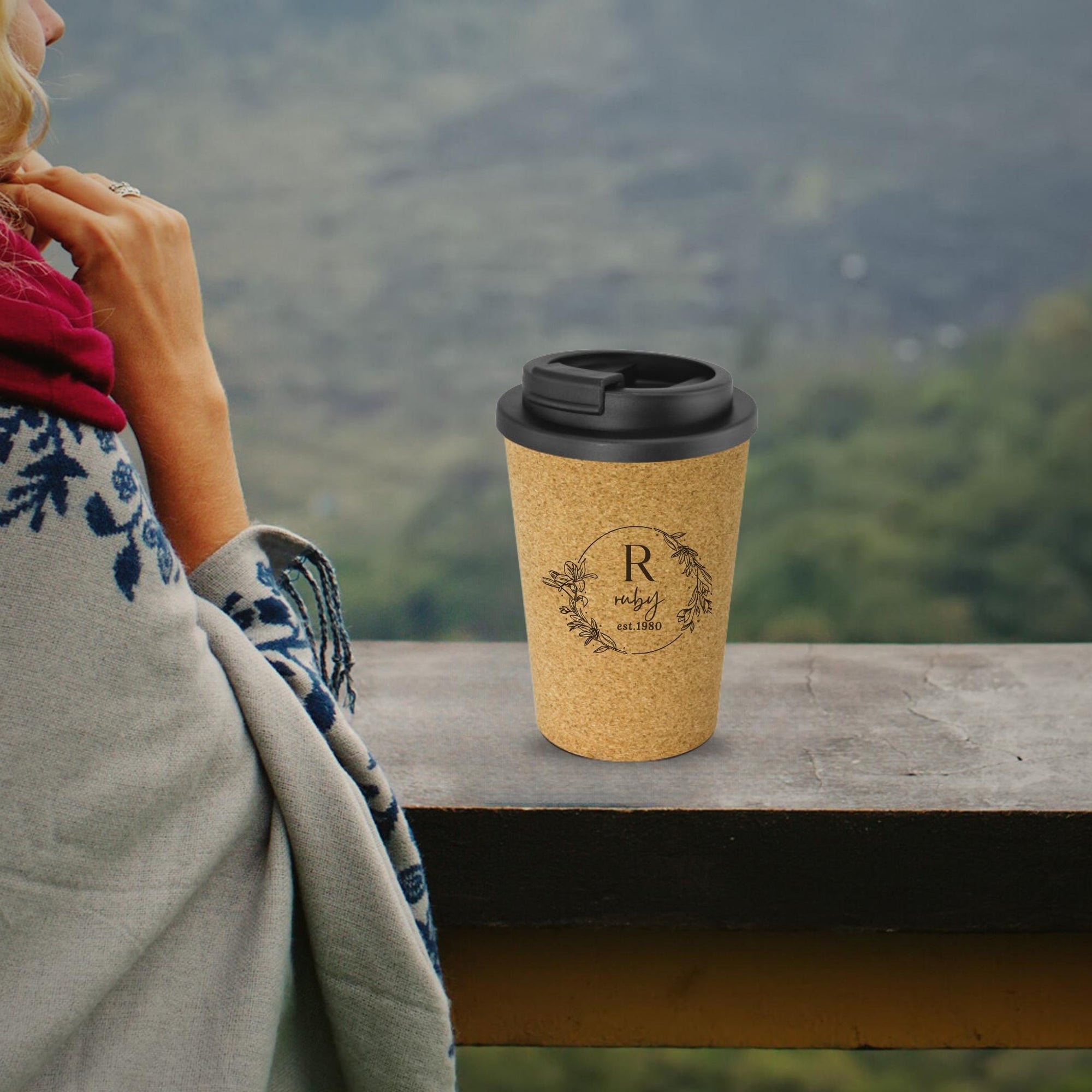 Personalised Double Wall Cork Coffee Cup, Custom Engraved Reusable Insulated Tea Sipper Tumbler, Travel Mug, Portable Flask, Corporate Gifts