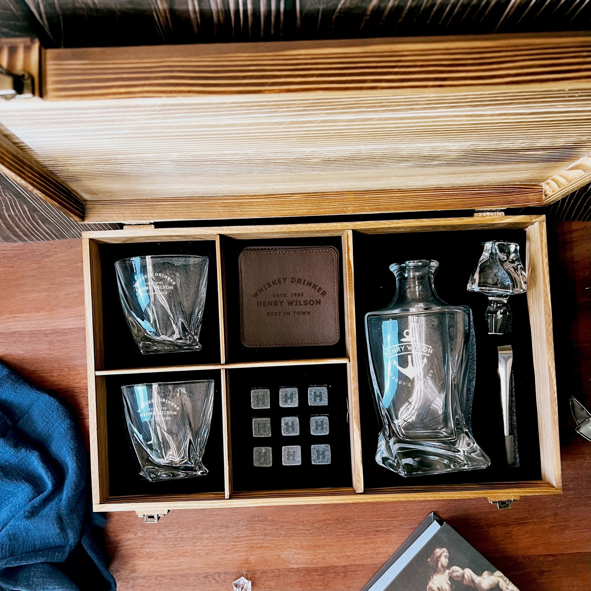 Personalised Wooden Crate Whiskey Gift Box, Twisted Whisky Decanter, 2 Glasses, 6 Ice Stones, 2 Coasters, Tongs, Custom Engraved Barware Set
