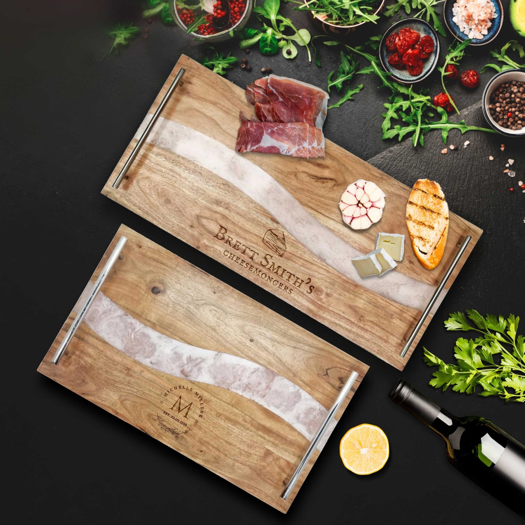 Personalised Acacia Wood & Pink Resin Cheese Handle Tray, Custom Engraved Serving Board, Charcuterie Platter, Decor Housewarming Gift
