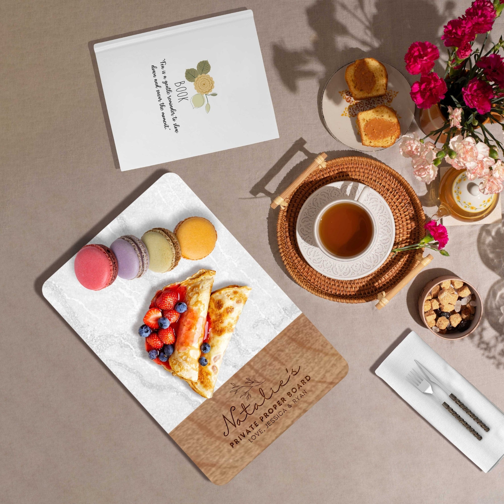 Personalised Acacia Wooden &amp; Marble Cheese Tray, Custom Engraved Logo Square Serving Board Charcuterie Platter, Housewarming, Christmas Gift