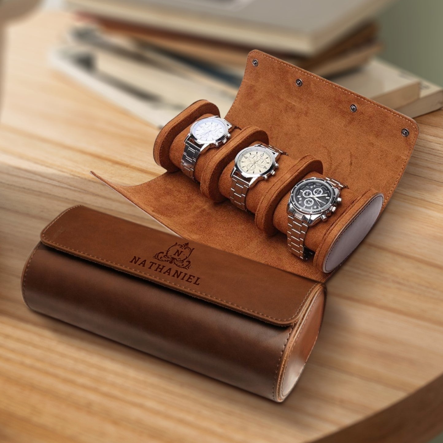 Personalised Tan Leatherette Watch Case Box, Custom Engraved Travel Watches Roll Slot Display Storage, Groomsman Dad Mom Birthday Xmas Gift 