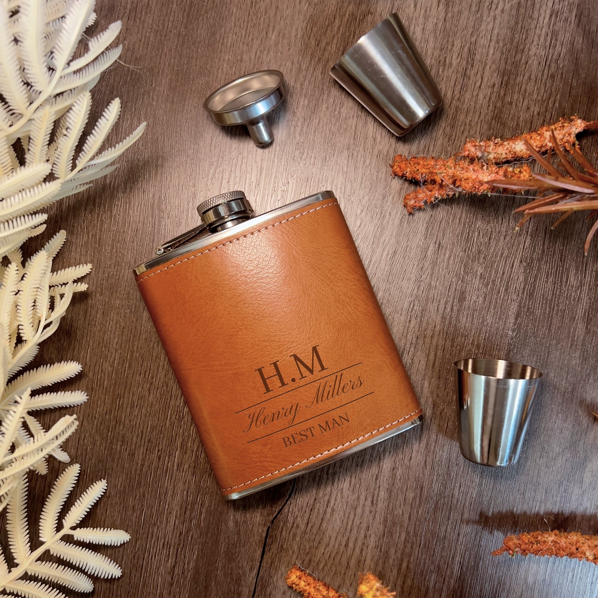 Personalised Wood Corkscrew, Leather Tan Wallet, Hip Flask Set in Custom Engraved Wooden Box, Best Man, Dad, Groomsman Proposal Wedding Gift