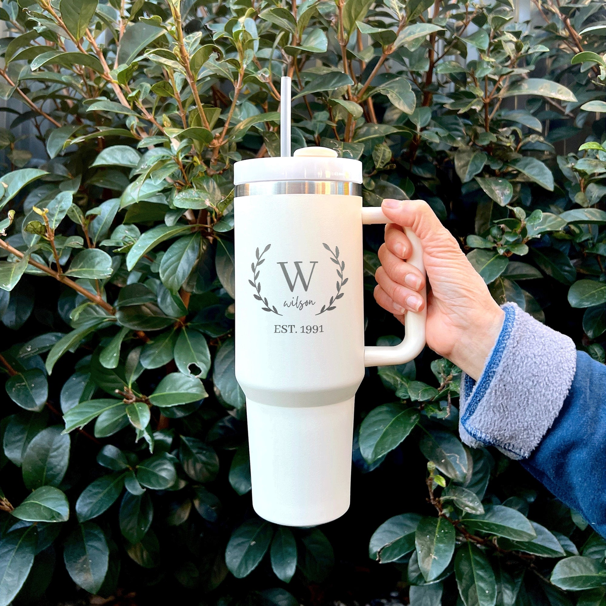 Personalised 1.2L Stainless Steel Insulated Handle Tumbler Lid & Straw, Custom Engraved Logo Travel Thermal Hot Cold Car Cup, Corporate Gift