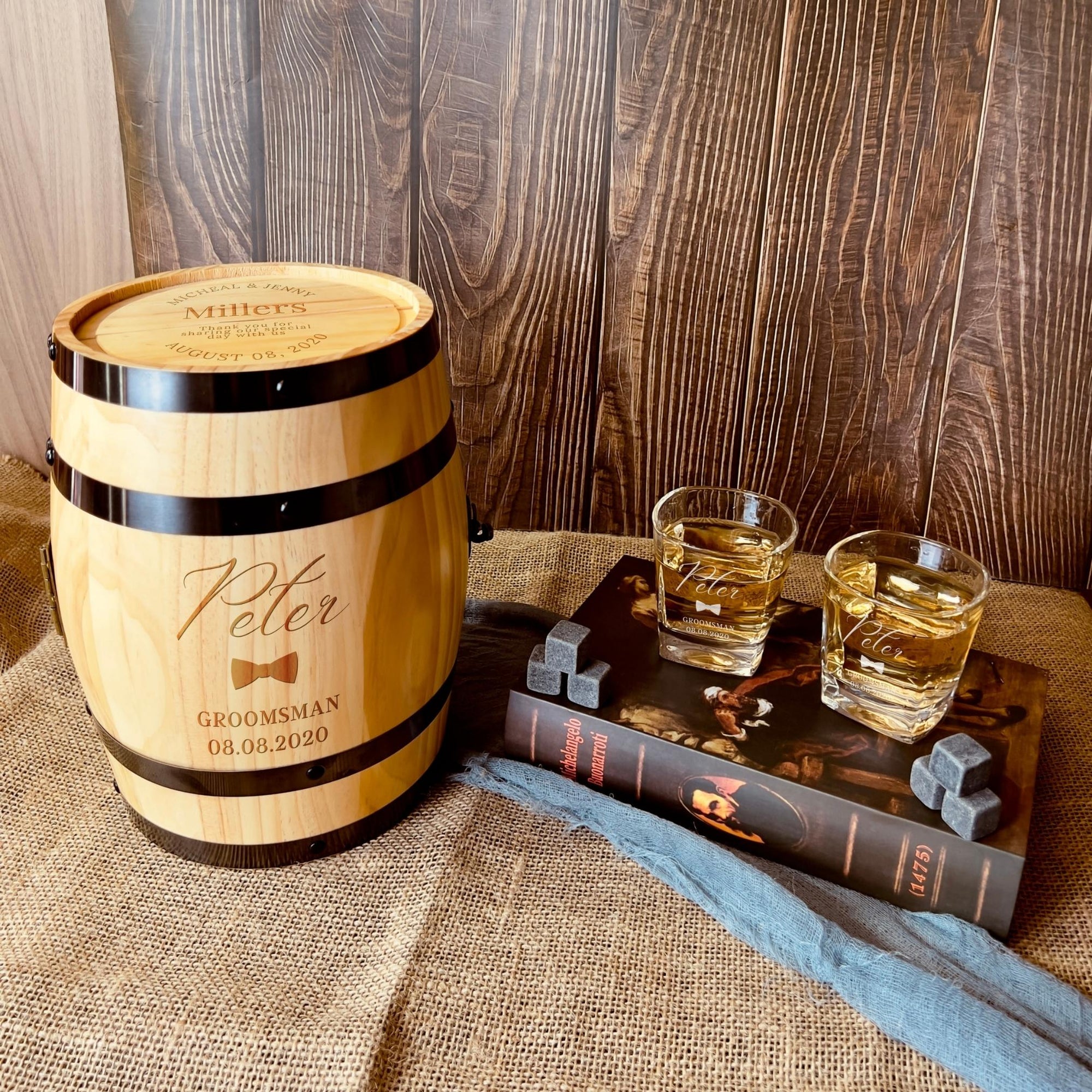 Personalised Wooden Barrel Whiskey Box, 2 Glasses, 6 Ice Stones | Custom Engraved Logo Barware Set, Dad Groomsmen, Birthday, Christmas Gift 