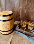 Personalised Wooden Barrel Whiskey Box, 2 Glasses, 6 Ice Stones | Custom Engraved Logo Barware Set, Dad Groomsmen, Birthday, Christmas Gift 