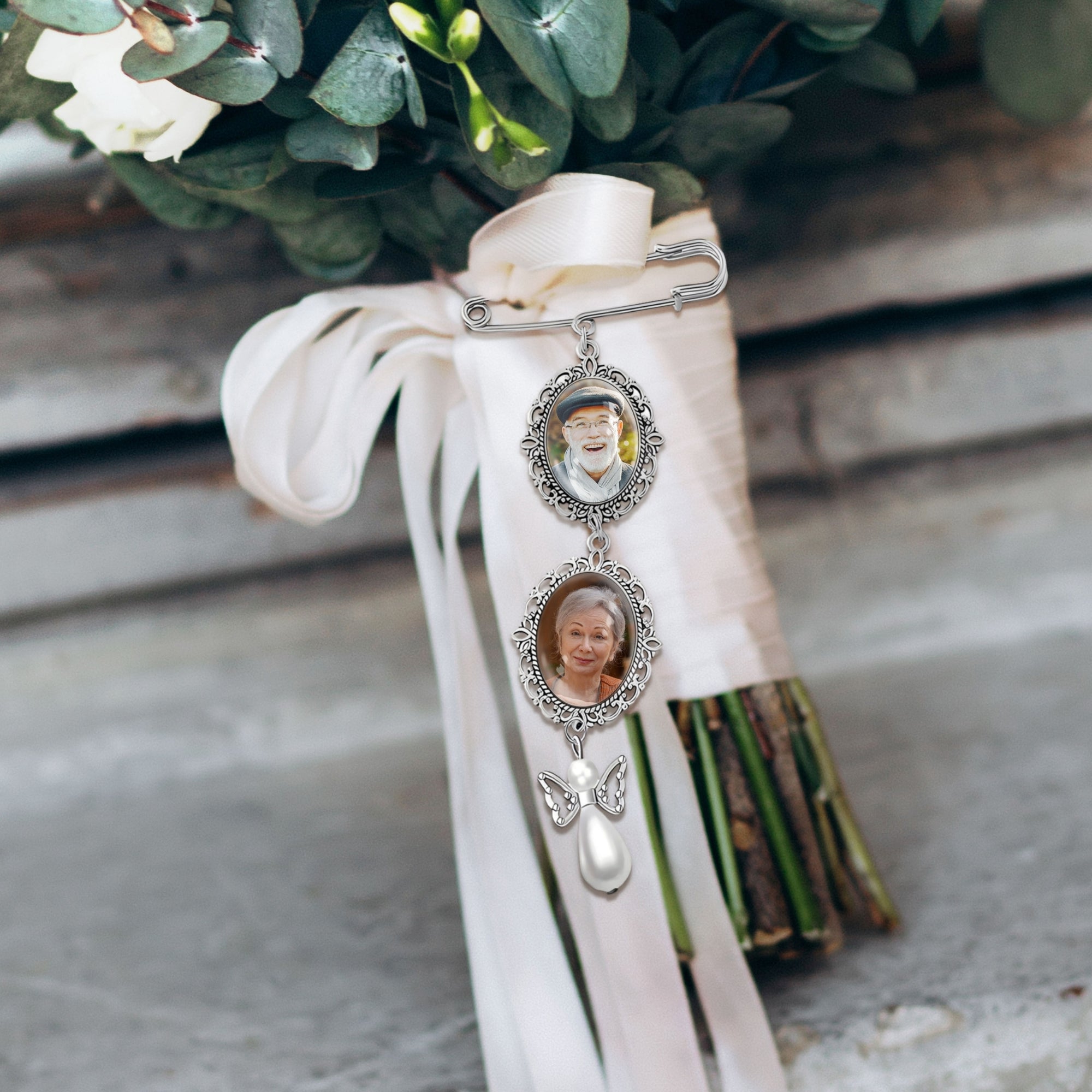 Personalised Photo &amp; Message Memorial Bridal Bouquet Pin Charm, Custom Print Picture In Loving Memory Quotes Brooch Wedding Remembrance Gift