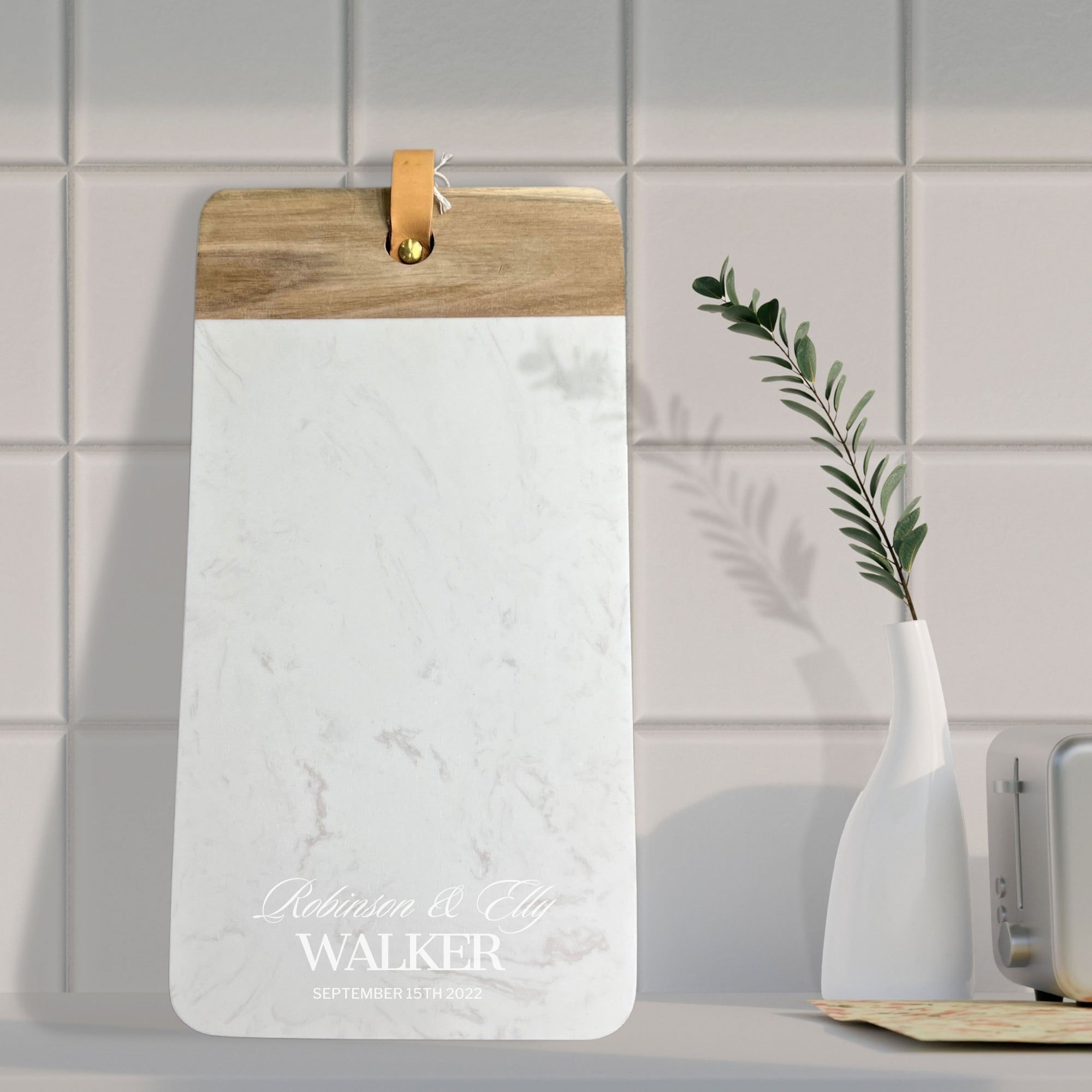 Personalised Acacia Wood & Faux Stone Marble Serving Tray, Custom Engraved Metallic Cheese Board Charcuterie Platter Decor Housewarming Gift