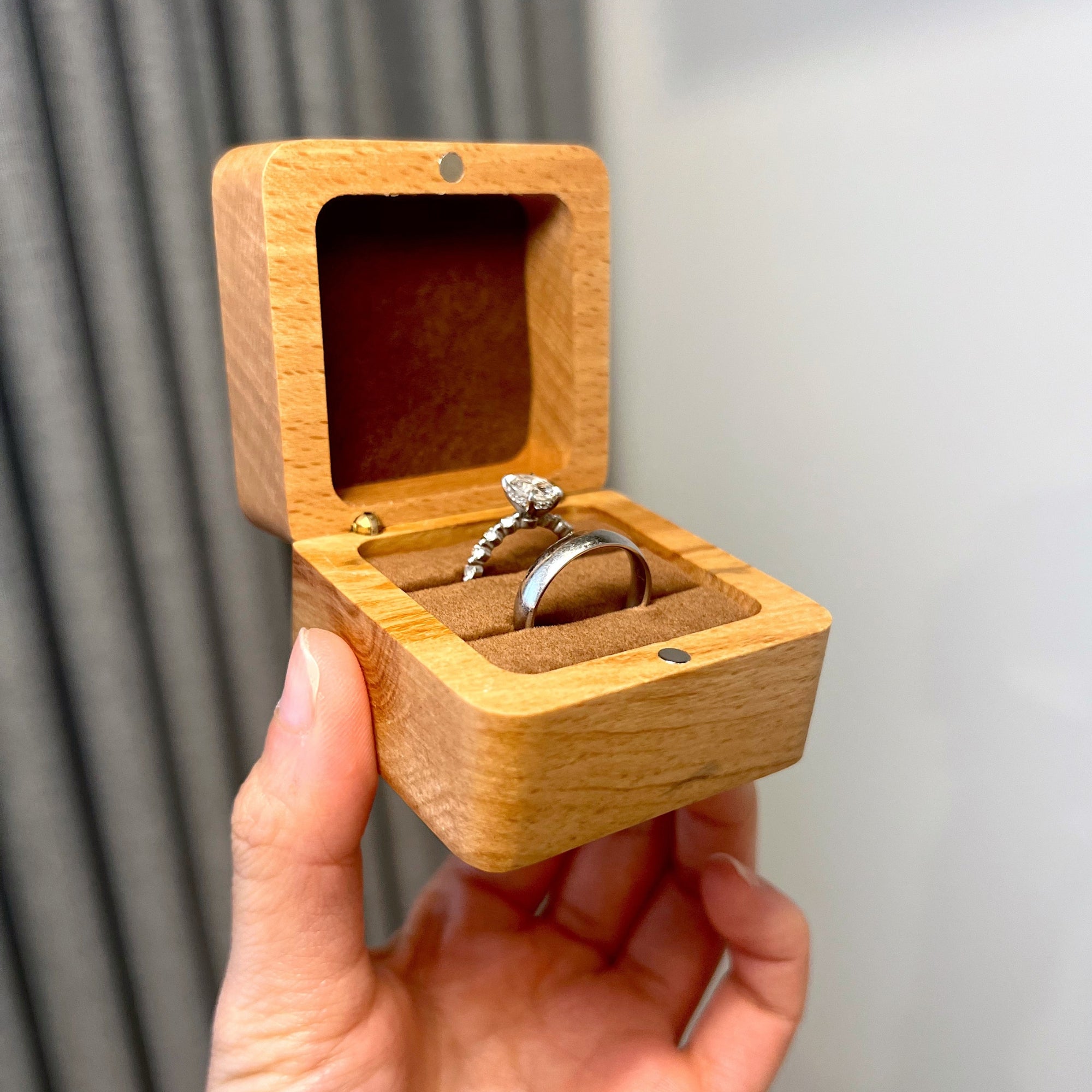 Personalised Wedding Double Slot Square Wood Ring Box, Custom Engraved Engagement Proposal Rings Bearer Oak Holder Storage, Anniversary Gift