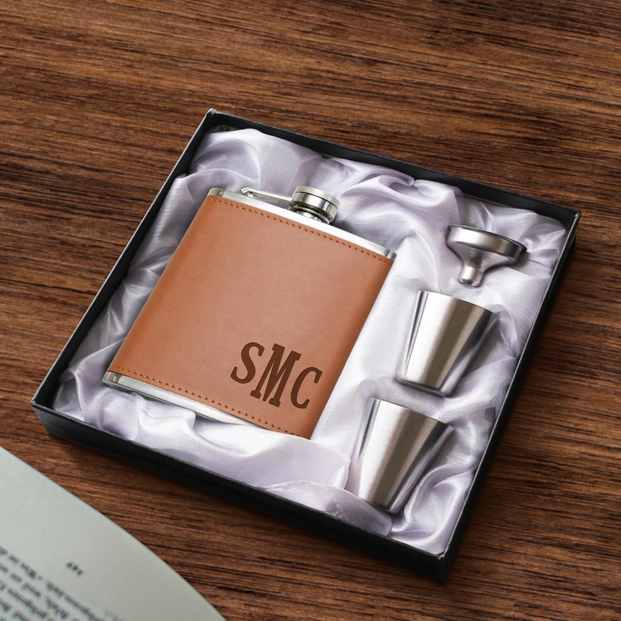 Personalised Tan Leatherette Stainless Steel 7oz Hip Flask, Funnel, Shot Glasses Set Custom Engraved Logo Groomsman, Dad, Corporate Gift Box