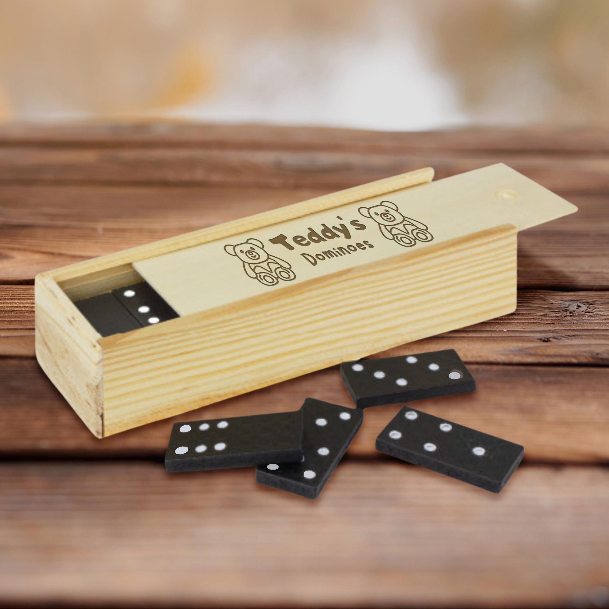 Personalised Wooden Domino Box, Engraved Tile Game, Family Party Interactive Dice Board Games, Custom Timber Children Dominoes, Kid Birthday, Father&#39;s Day Gift Set
