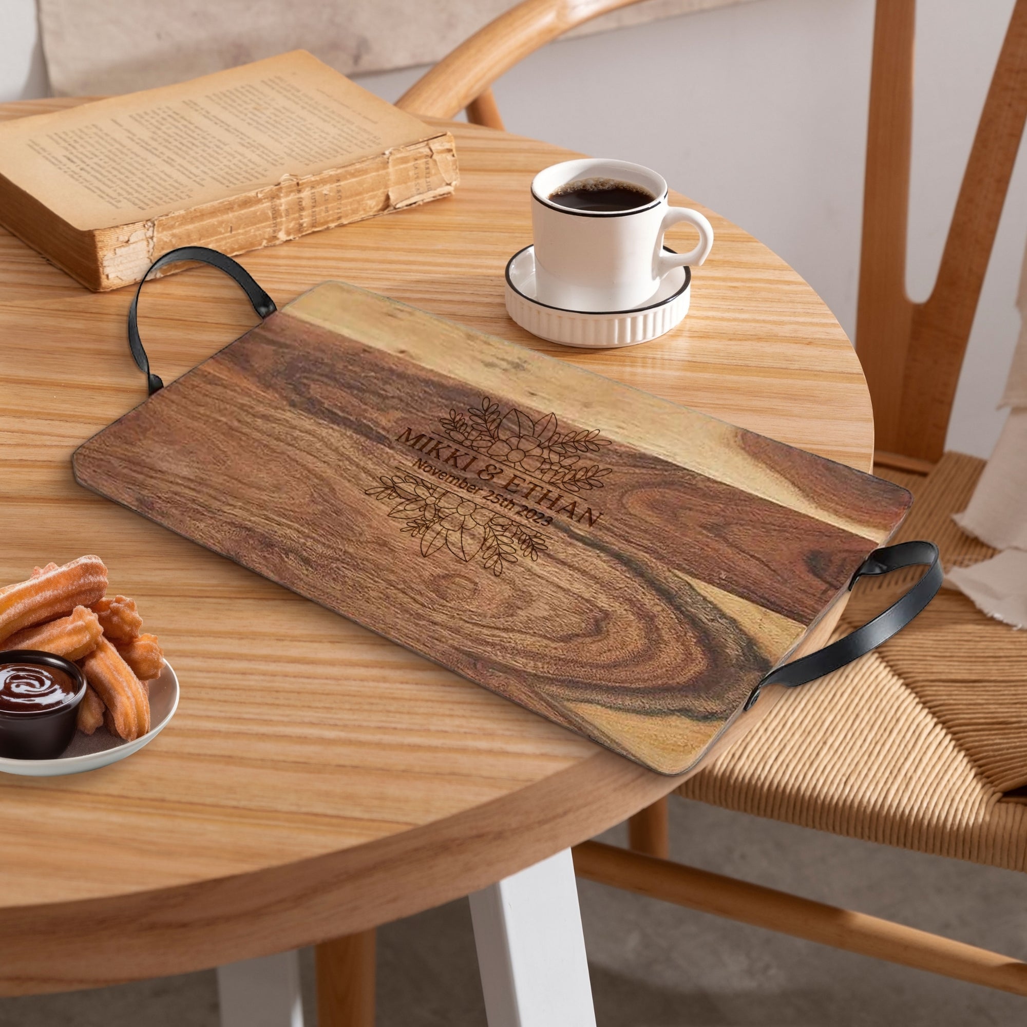 Personalised Acacia Serving Board &amp; Iron Handles, Charcuterie, Cheese/ Chopping Cutting Board, Custom Engraved Anniversary Housewarming Gift