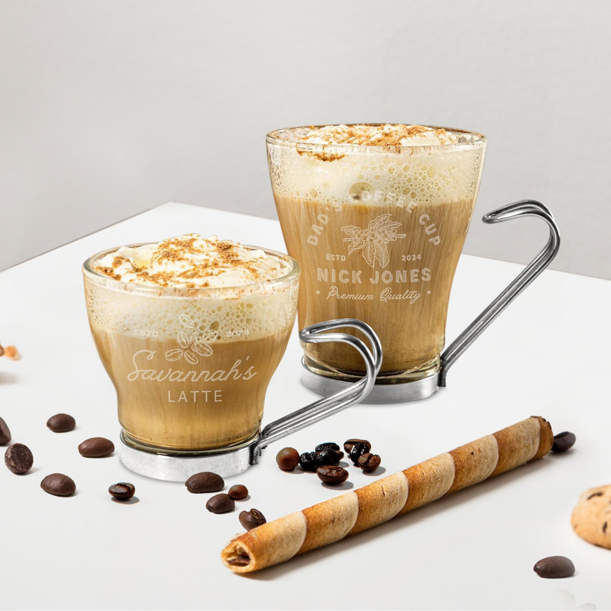 Personalised Glass Coffee Mug &amp; Metal Handle, Custom Engraved Tea Cup, Wedding Favours, Birthday, Mom Father's Day, Christmas Corporate Gift