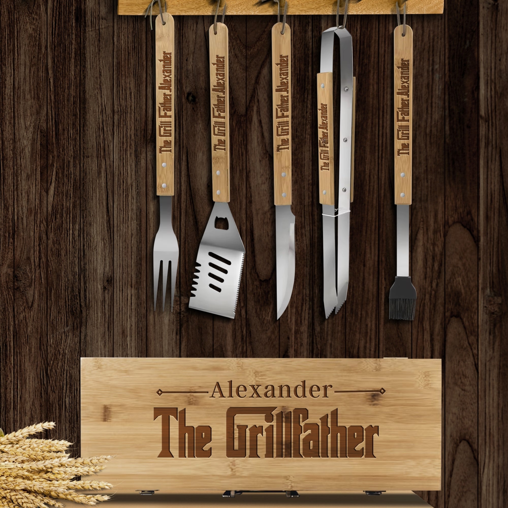 Personalised Bamboo BBQ Tools &amp; Box Set, Custom Engraved Barbecue Utensils Case, Grill Master, Groomsman, Dad, Housewarming, Corporate Gift