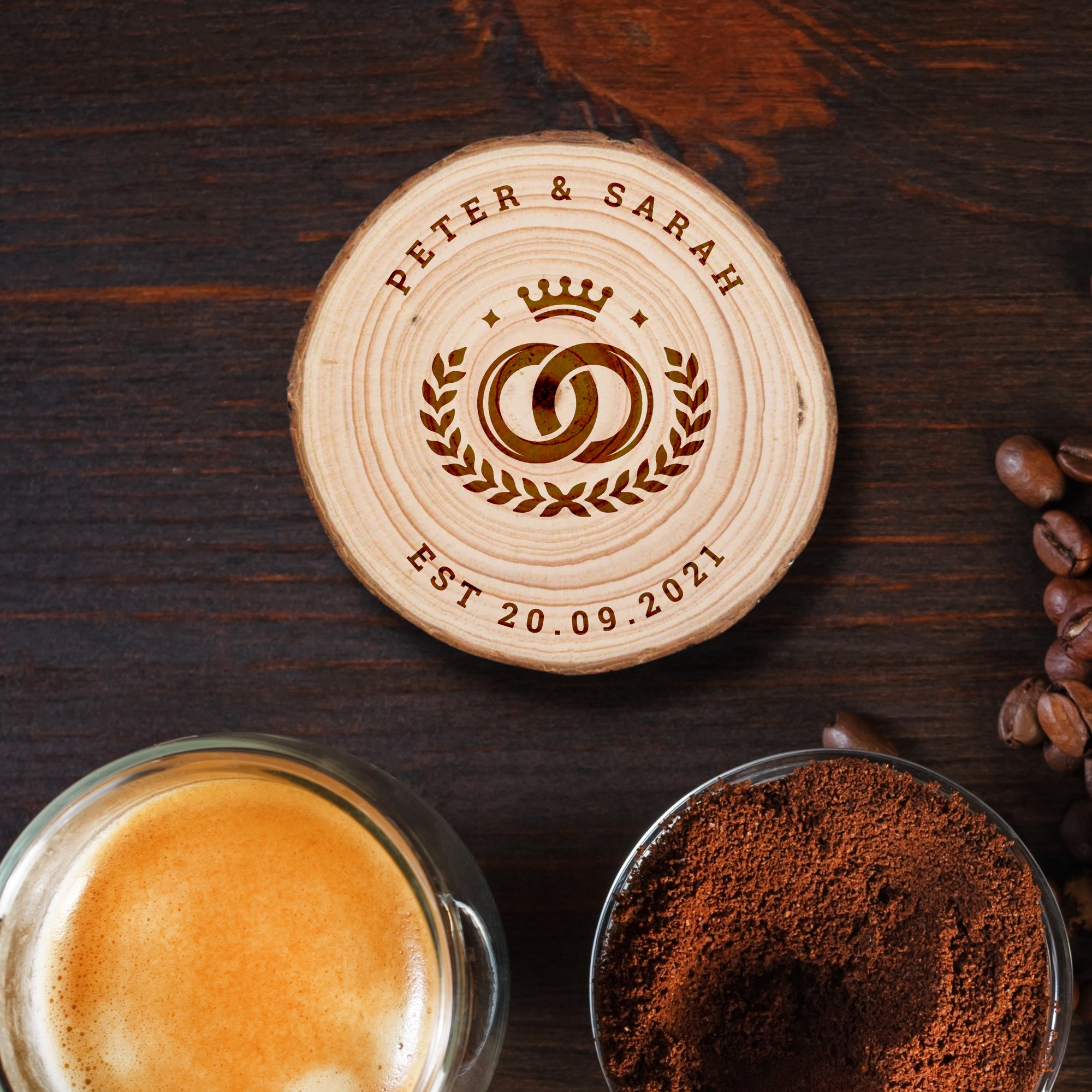 Custom Engraved Wood Slice Coasters, Personalised Drink Mat, Restaurant, Wedding/ Birthday/ Christmas Present, Corporate Housewarming Gift