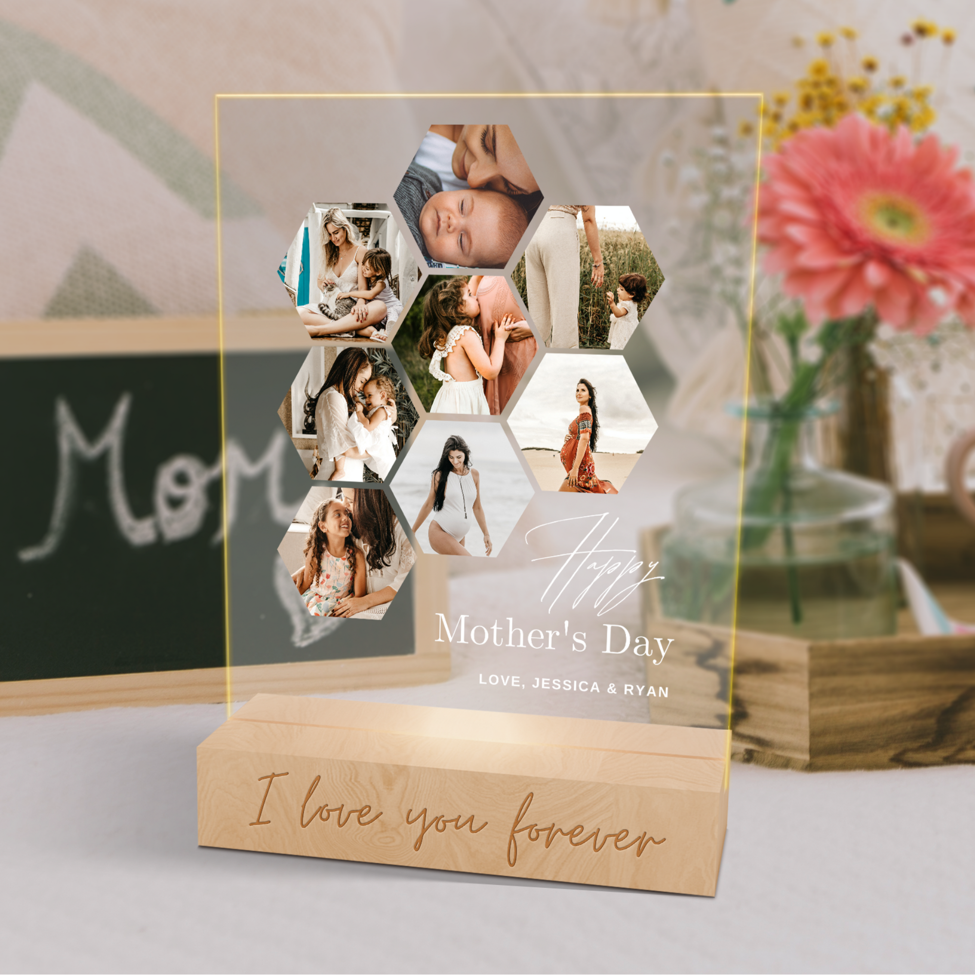 Custom 3D Honeycomb Collage Photos & Names LED Night Light, Personalised Print Acrylic Wooden Table Lamp Sign Room Decor, Mother's Day Gift