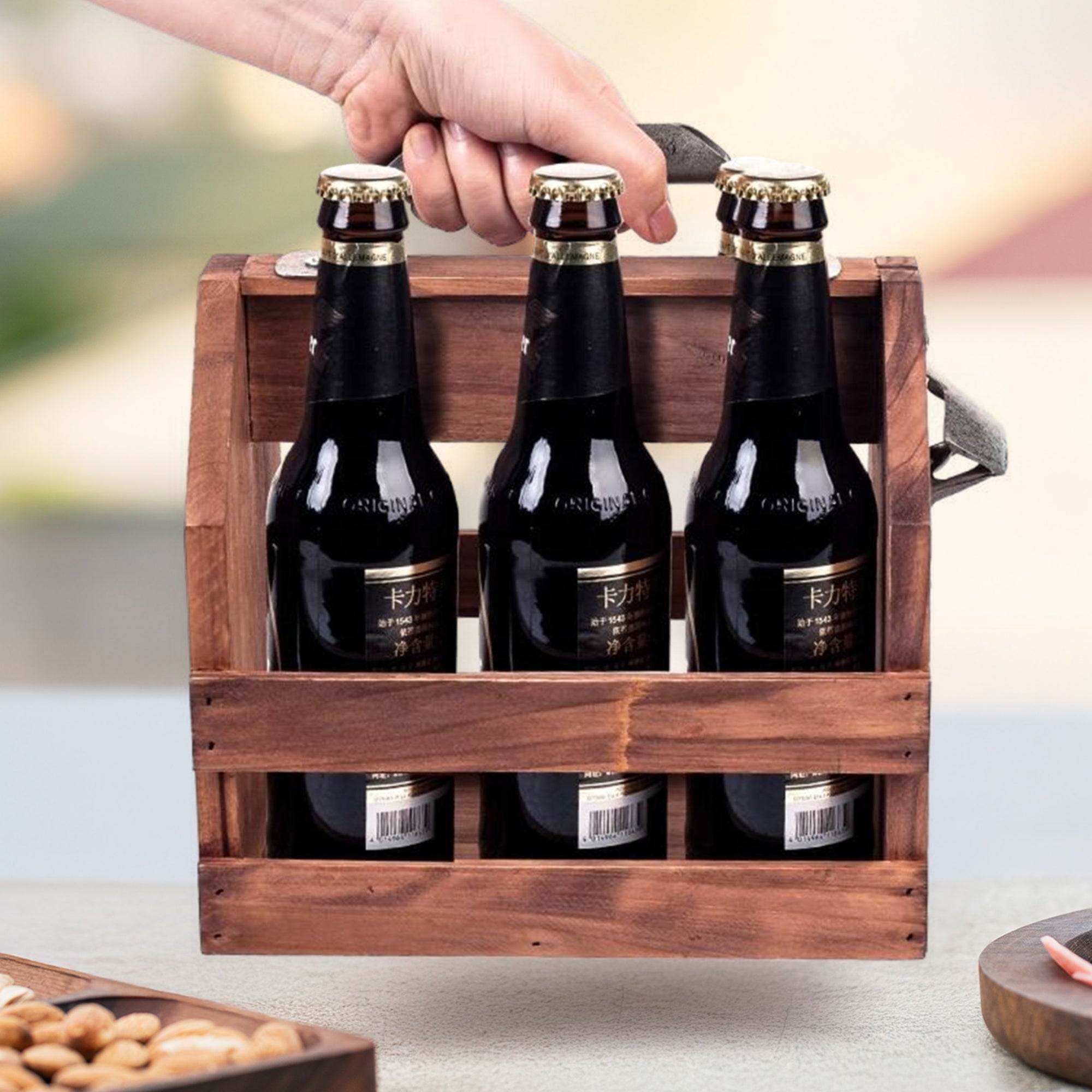 Engraved Wooden Beer Bottle Carrier 6 Pack with Opener