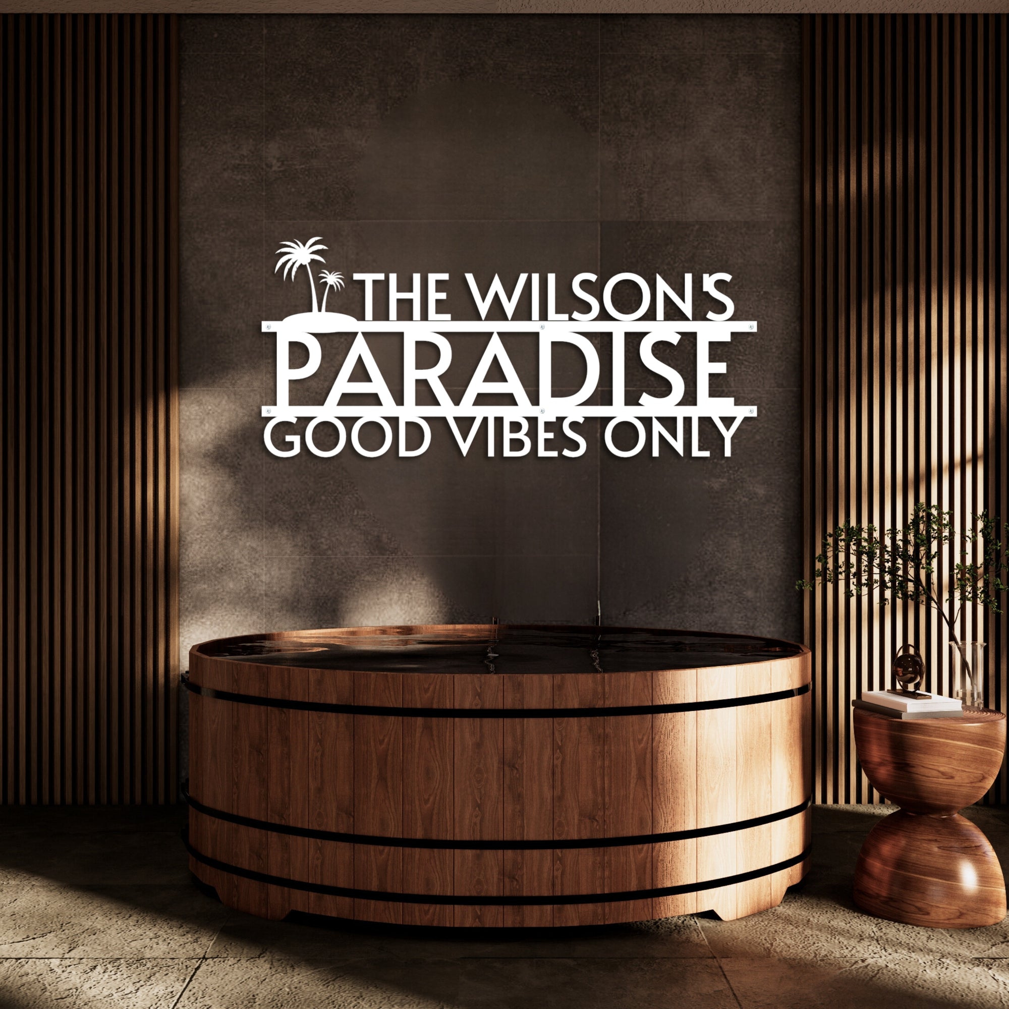 Custom Made Tropical Palm Oasis Retreat Poolside Sign, Personalised Name Acrylic Pool Bar Backyard/ Patio/ Deck Wall Art, Housewarming Gift