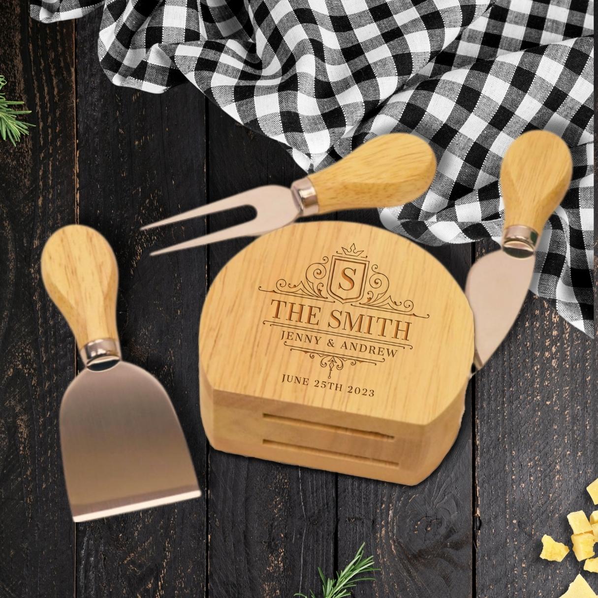Personalised 4 Piece Wooden Cheese Knife Block Set, Engraved Serving Charcuterie Platter, Wedding, Anniversary, Corporate, Housewarming Gift