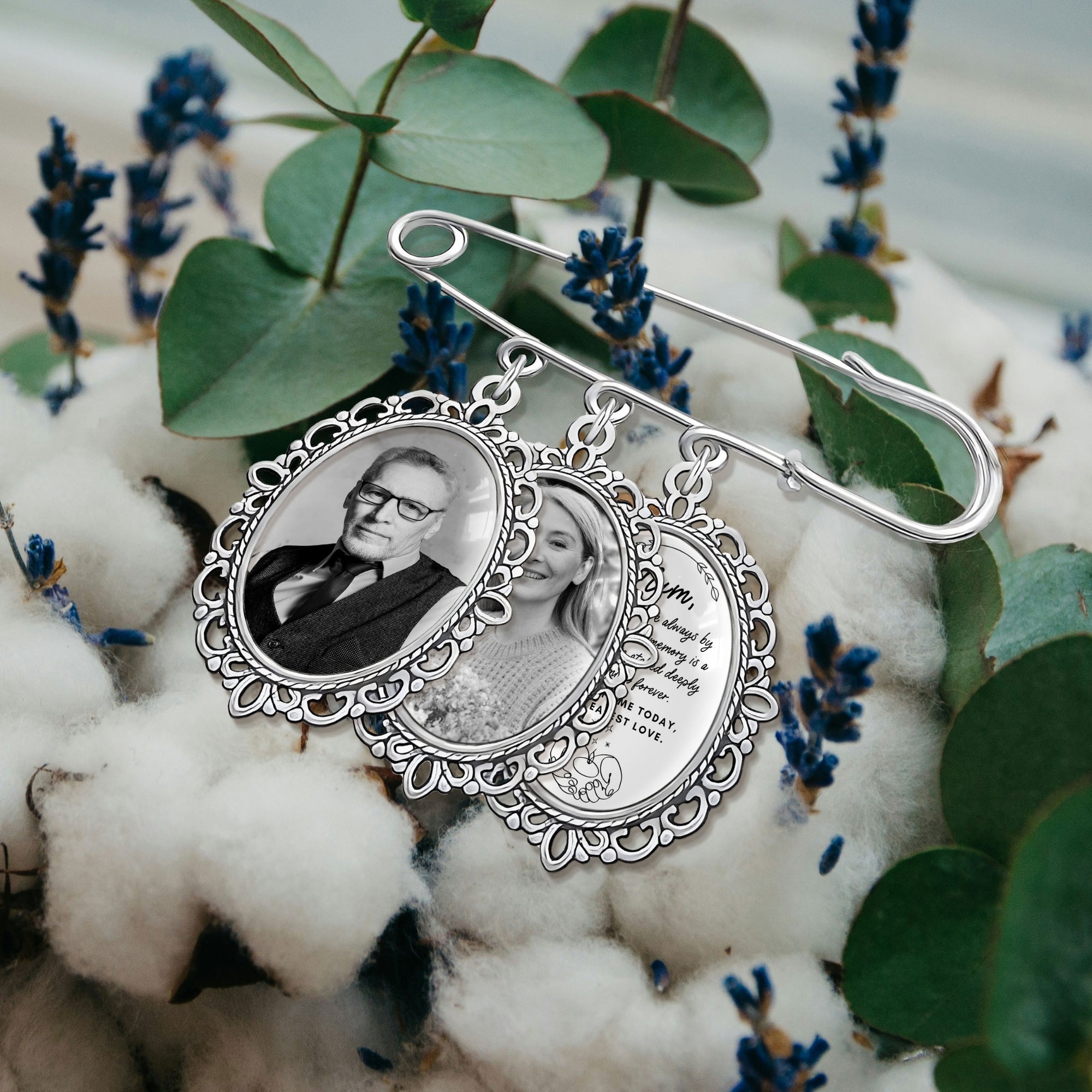 Personalised Photo &amp; Message Memorial Bridal Bouquet Pin Charm, Custom Print Picture In Loving Memory Quotes Brooch Wedding Remembrance Gift