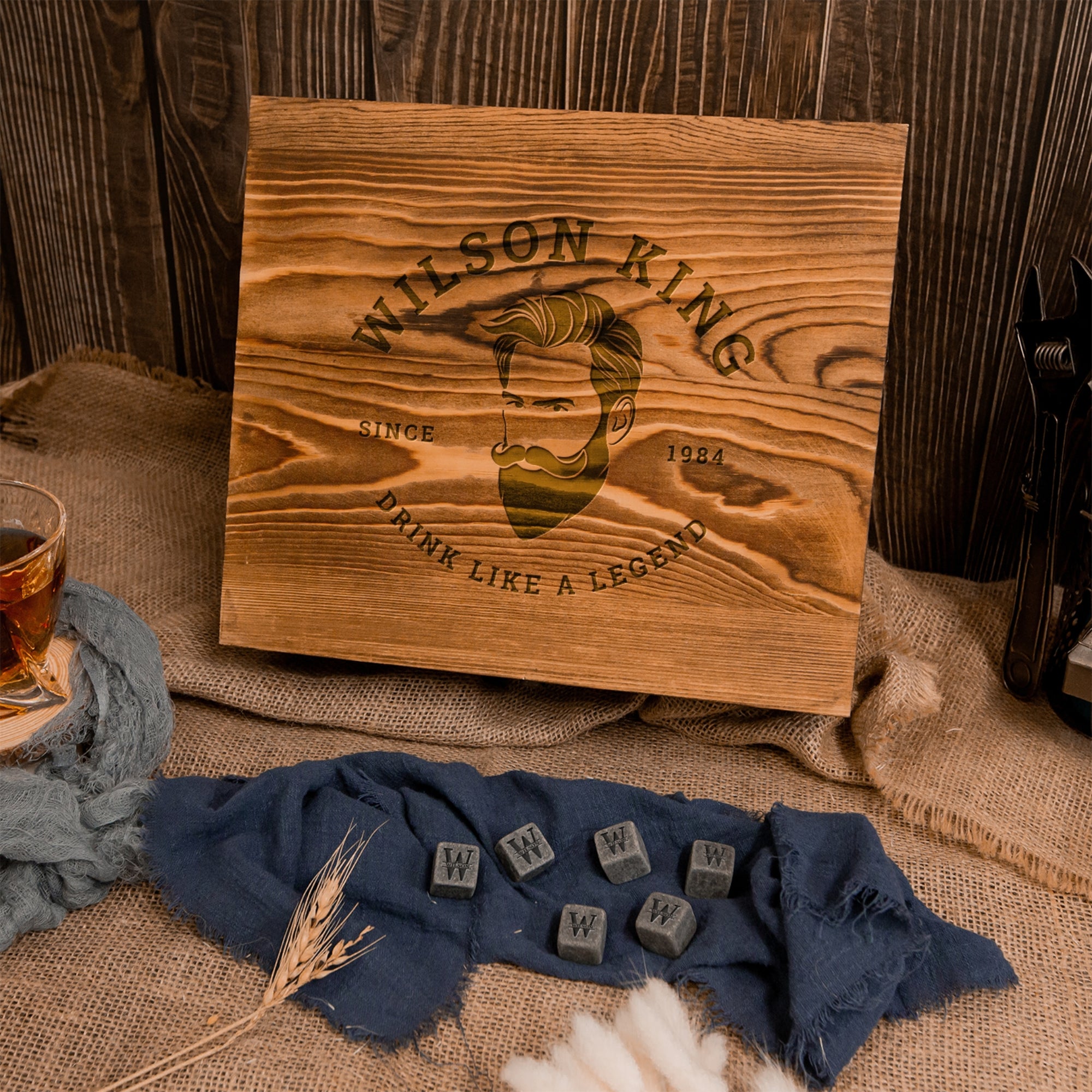 Engraved Whiskey Wooden Box - Square Cut Decanter, 2 Scotch Glasses &amp; 6 Ice Stone Personalised Logo Barware Set, Groomsman Dad Birthday Gift
