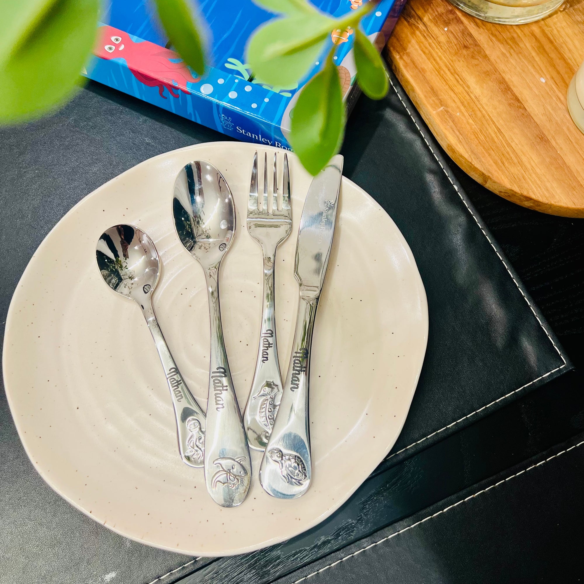 Custom Engraved Kid&#39;s Cutlery 4 Piece Set, Personalised Children Name Spoons, Fork, Knife/ Daycare Dining Tools, First Birthday Baptism Gift