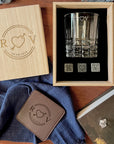 Personalised Wooden Whiskey Gift Box, Square Pattern Glass Ice Stones Coaster, Custom Logo Engraved Wedding Barware Set, Dad, Corporate Gift