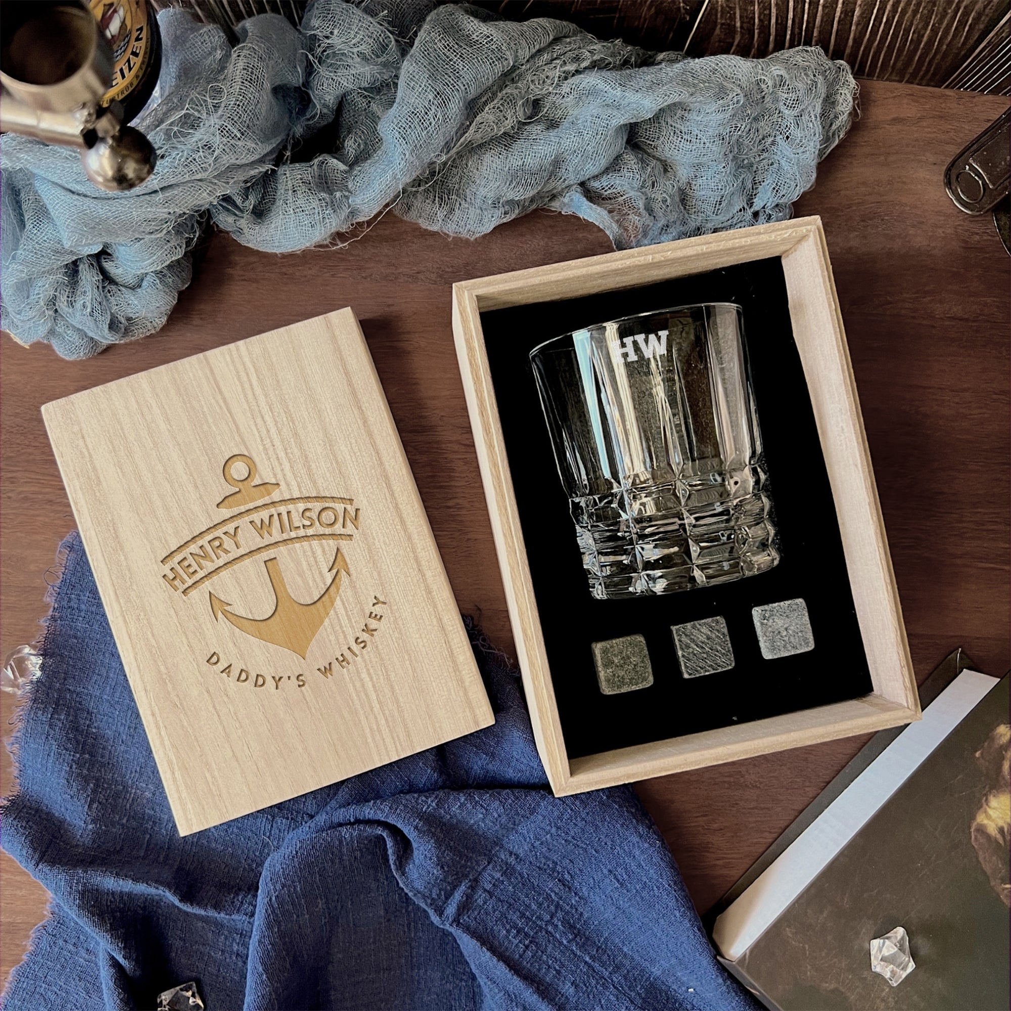Personalised Wooden Whiskey Gift Box, Square Pattern Glass Ice Stones Coaster, Custom Logo Engraved Wedding Barware Set, Dad, Corporate Gift