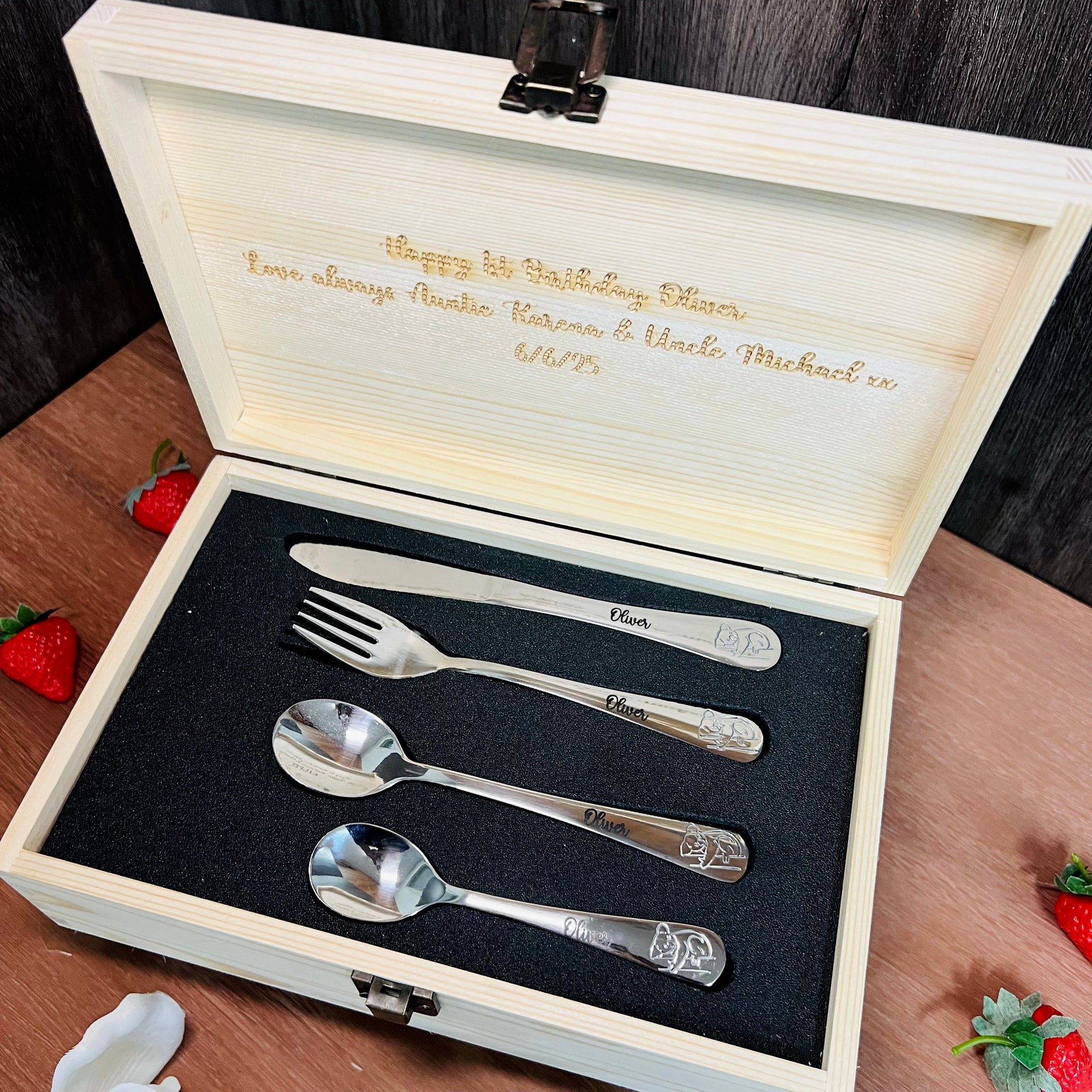 Personalised Kid&#39;s Cutlery 4 Piece &amp; Wooden Gifted Box Set, Custom Engraved Children Name Utensils, First Birthday, Christening Baptism Gift
