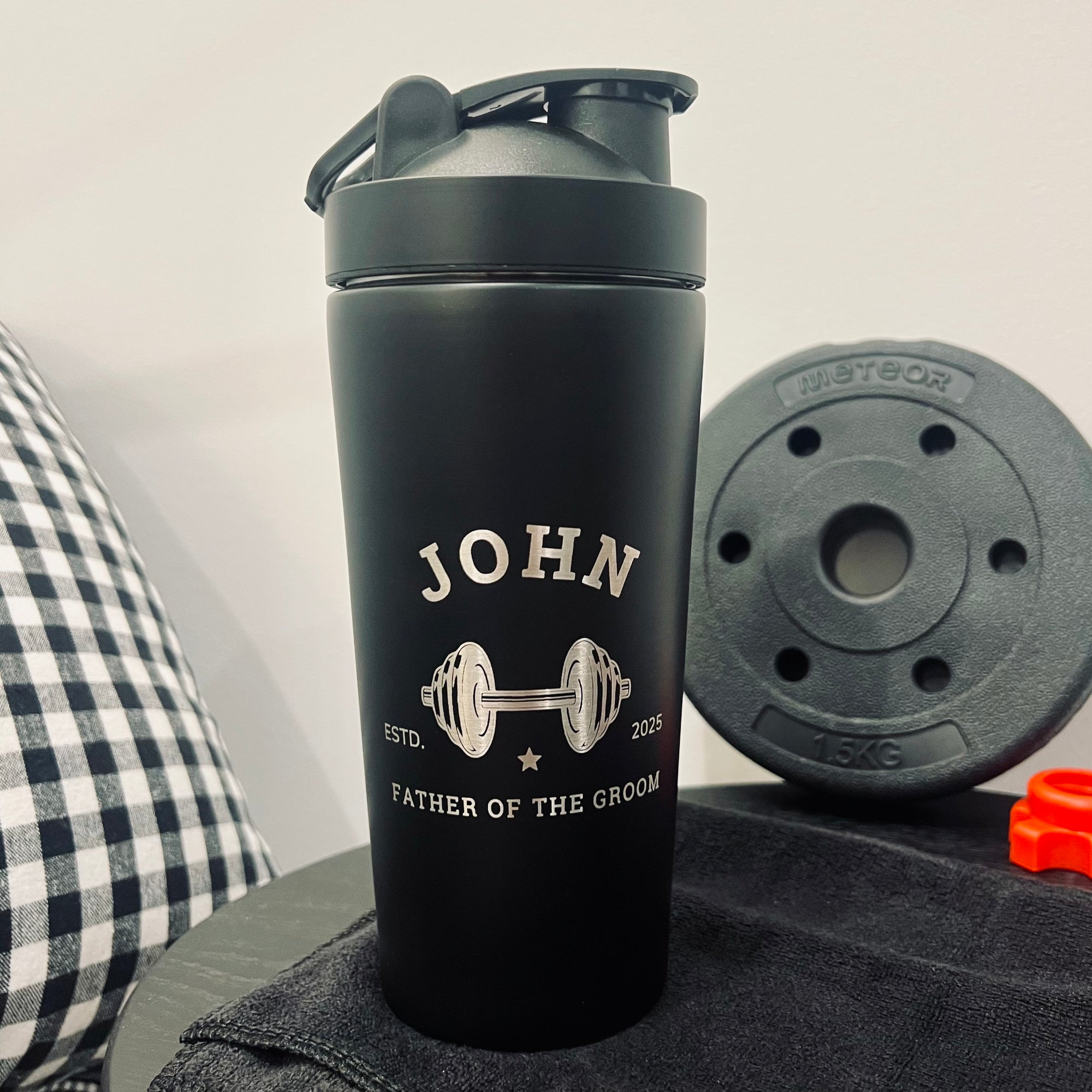 Personalised 750ml Insulated Protein Stainless Steel Shaker, Custom Engraved Gym Lover Matte Black 25oz Protein Blender, Water Bottle, Work Out Gift Mum, Dad