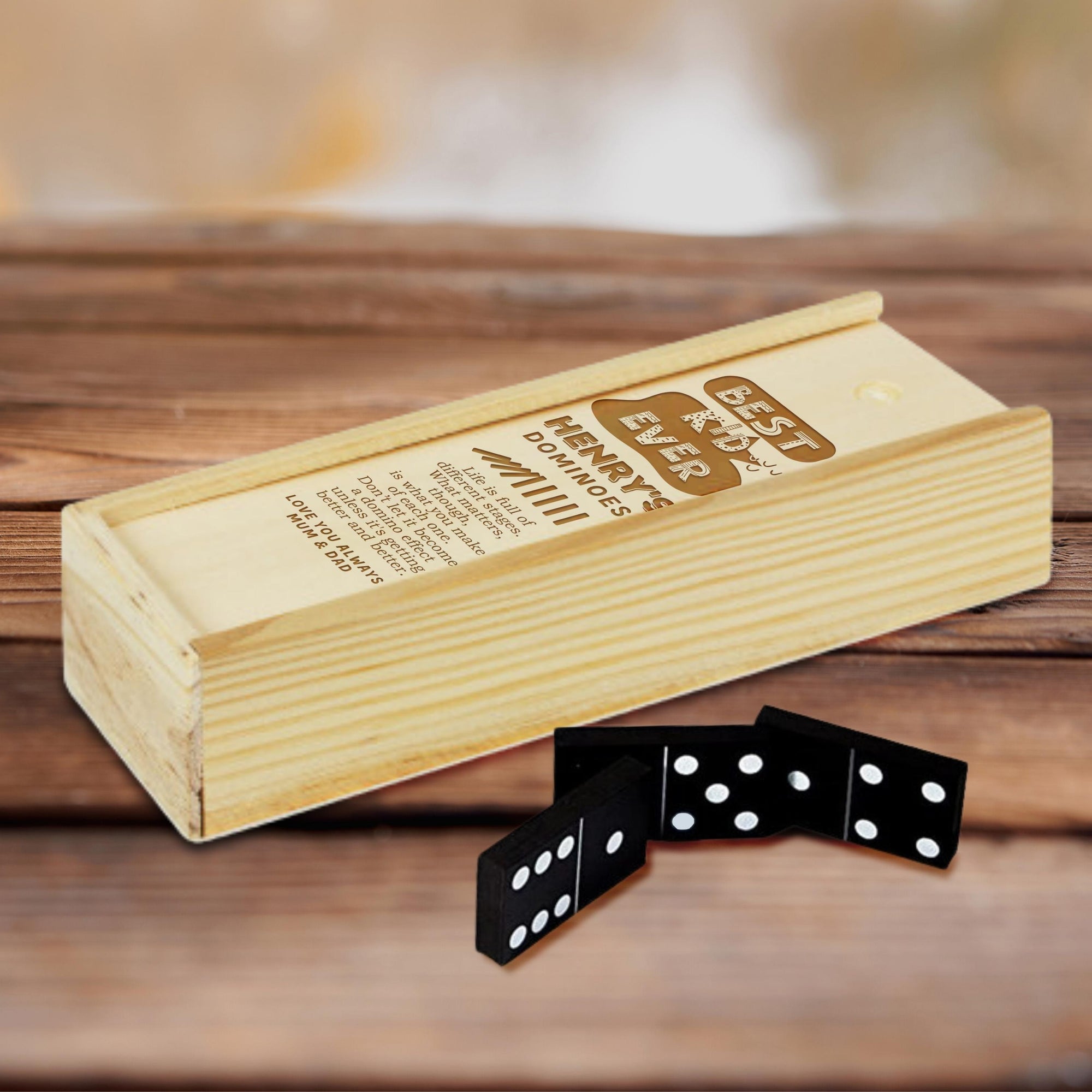 Personalised Wooden Domino Box, Engraved Tile Game, Family Party Interactive Dice Board Games, Custom Timber Children Dominoes, Kid Birthday, Father&#39;s Day Gift Set