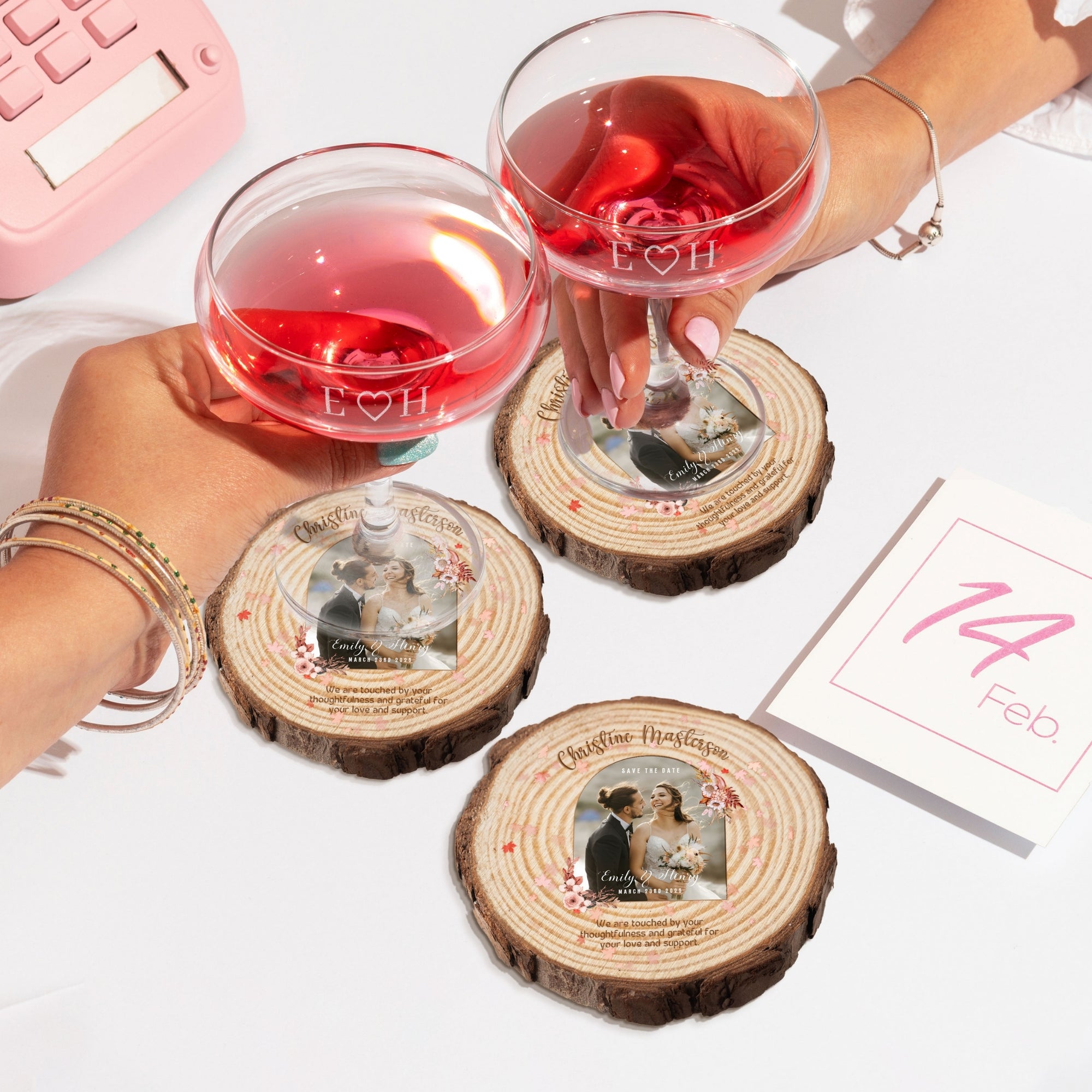 Custom UV Print Photo Wedding Wood Slice Coaster, Personalised Logo Thank You Place Card, Rustic Drink Mat Bridesmaid Favour Hens Party Gift