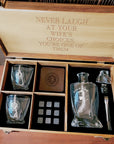 Personalised Wooden Crate Whiskey Gift Box, Twisted Whisky Decanter, 2 Glasses, 6 Ice Stones, 2 Coasters, Tongs, Custom Engraved Barware Set