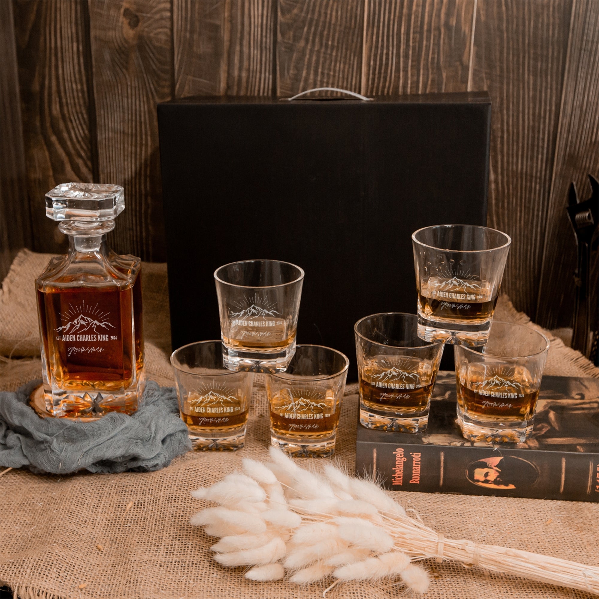 Personalised Square Whiskey Decanter & 6 Scotch Glasses Box Set , Custom Engraved Whisky Barware, Housewarming, Groomsmen, Dad Birthday Gift