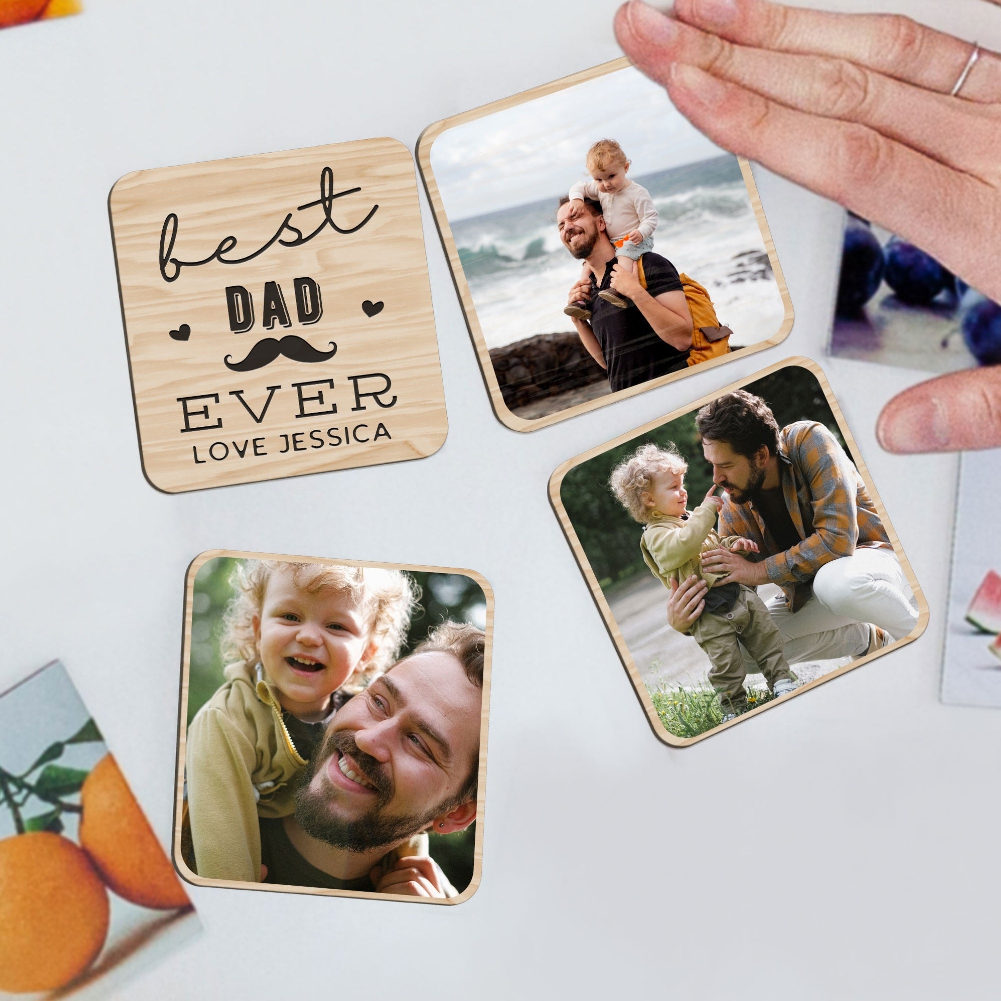 Custom UV Printed Wooden Set of 4 Photo Magnets, Personalised Picture Fridge Tiles, Anniversary, Birthday, Friend, Mom, Dad, Teacher Gift