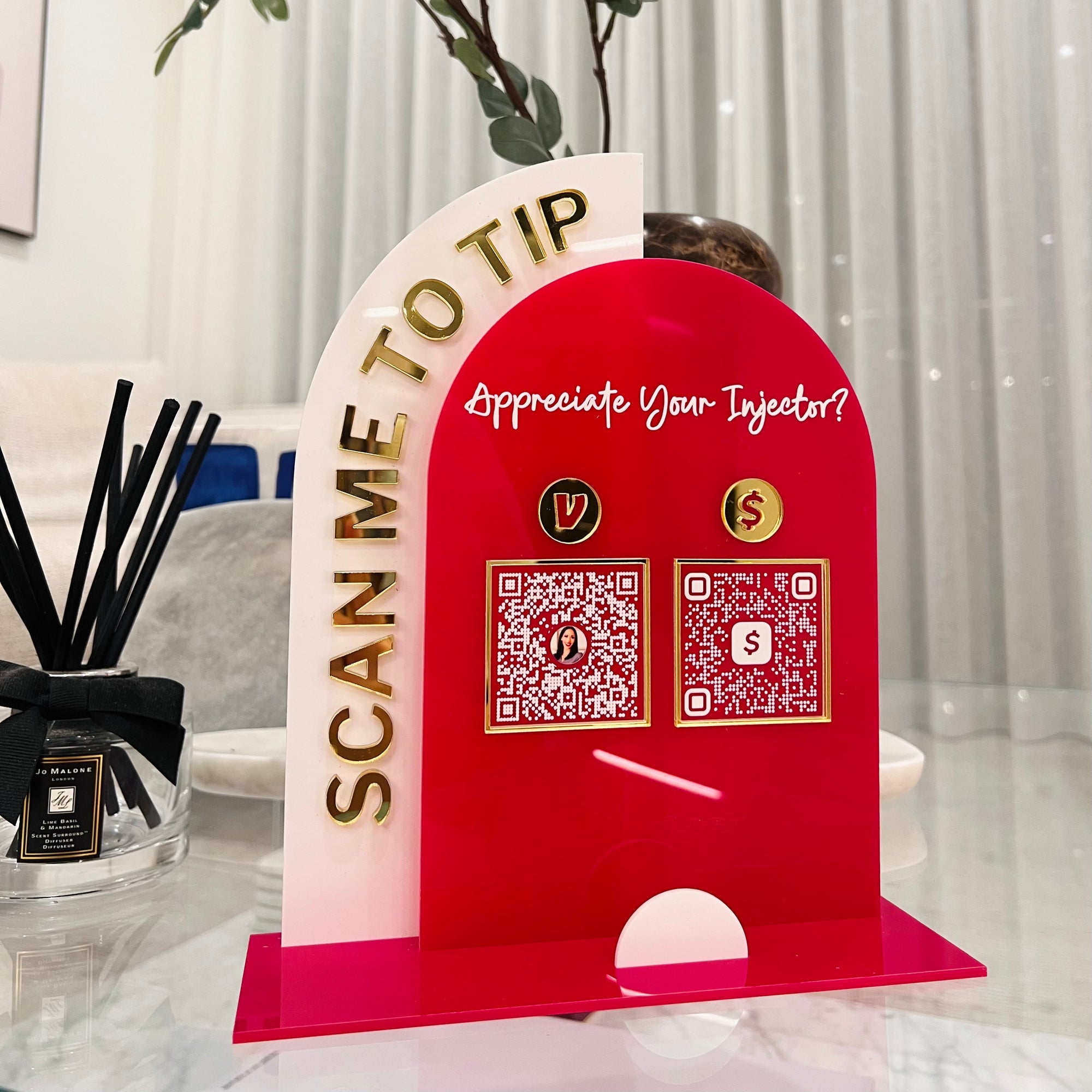 Personalised 3D Raised Acrylic Arch QR Code Social Business Sign &amp; Card Holder, Custom Spa, Beauty, Cafe, Retail, Reception Display Signage