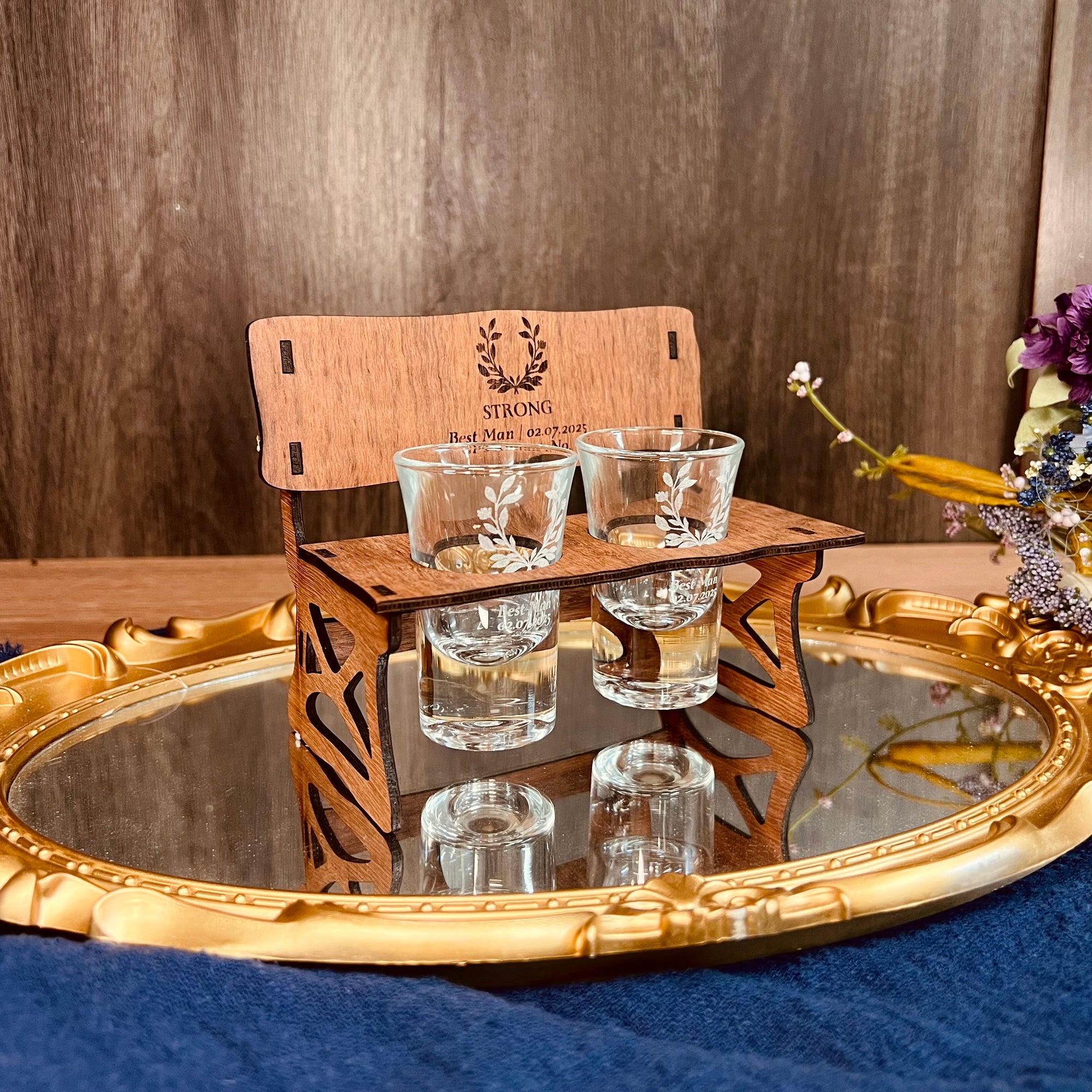 Personalised 2 Crystal Shot Glasses &amp; Custom Engraved Mini Wooden Bench Chair Set, Bridesmaid Groomsman, Couple Wedding, Xmas Corporate Gift