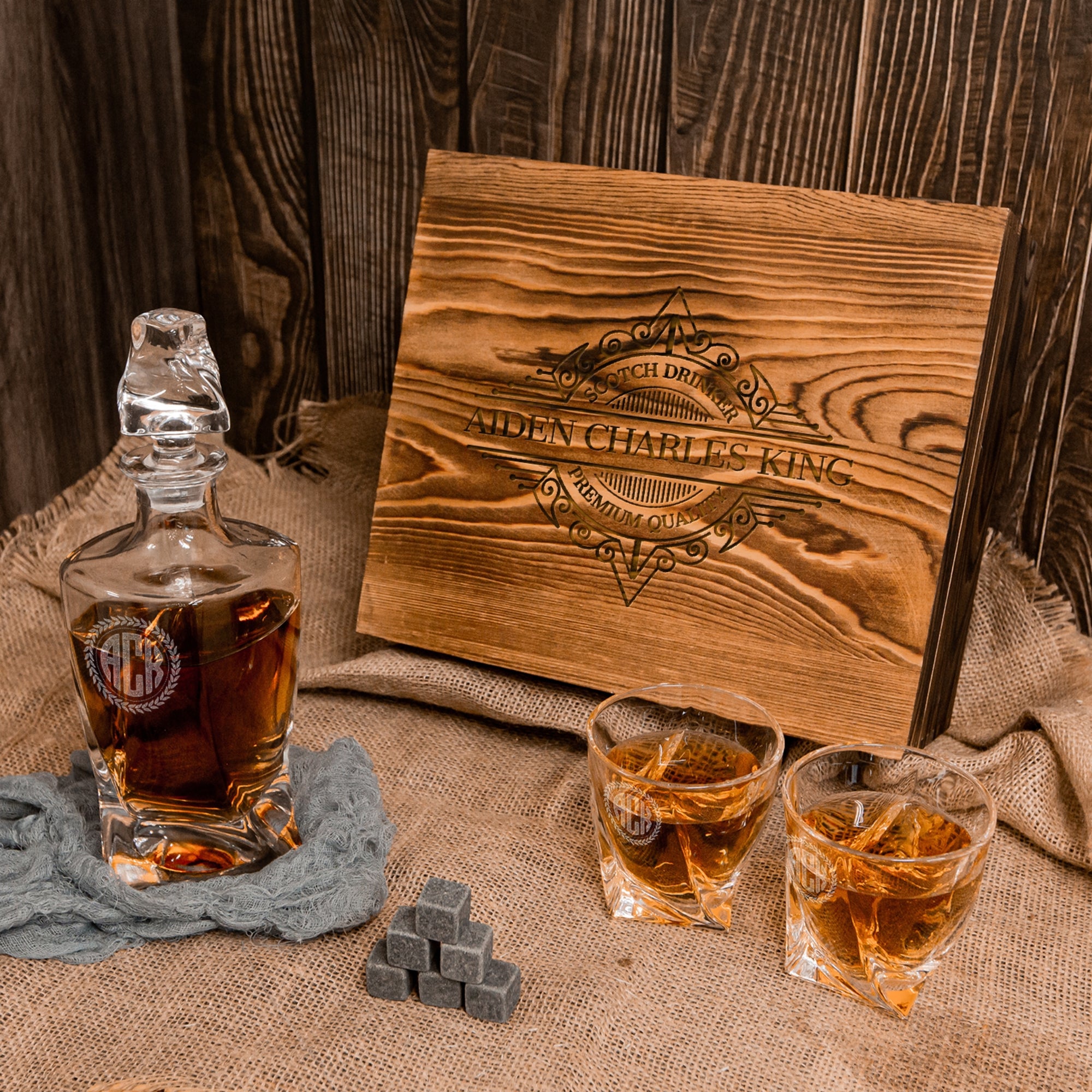 Engraved Whiskey Wooden Box - Twisted Decanter, 2 Scotch Glasses &amp; 6 Ice Stones Personalised Barware Set, Groomsman, Father&#39;s Day, Xmas Gift