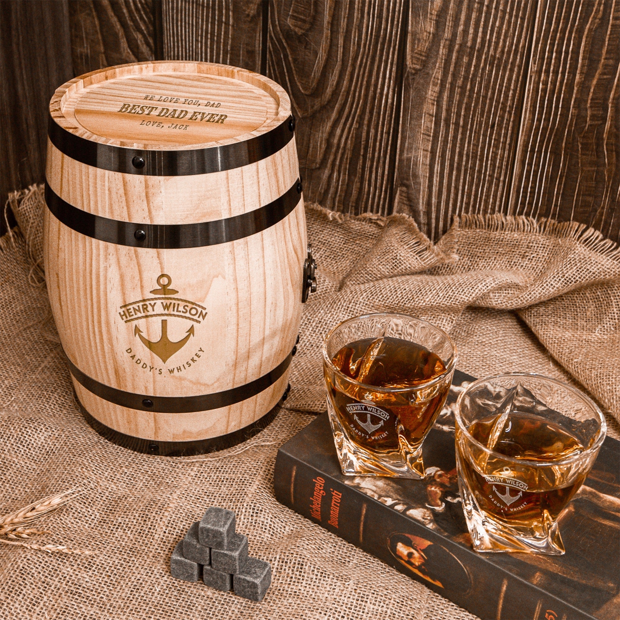 Personalised Wooden Barrel Whiskey Box, 2 Twisted Glasses, 6 Ice Stones | Custom Engraved Barware Set, Father, Groomsmen, Housewarming Gift 