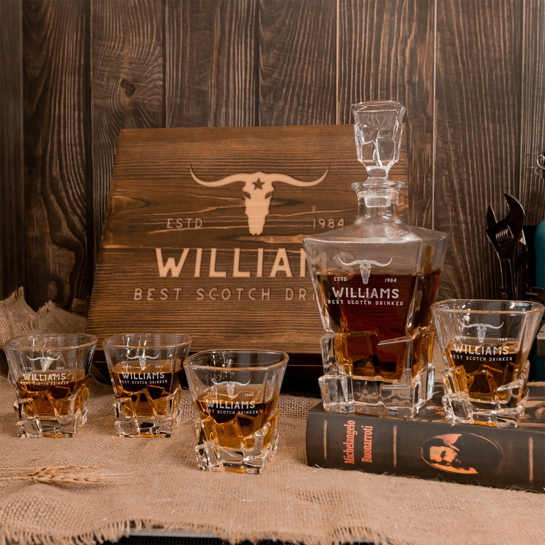 Personalised Wooden Box Square Cut Whiskey Decanter Set, 4 Scotch Glasses, 8 Ice Stones & Tongs | Custom Engraved Groomsmen Wedding Bar Gift