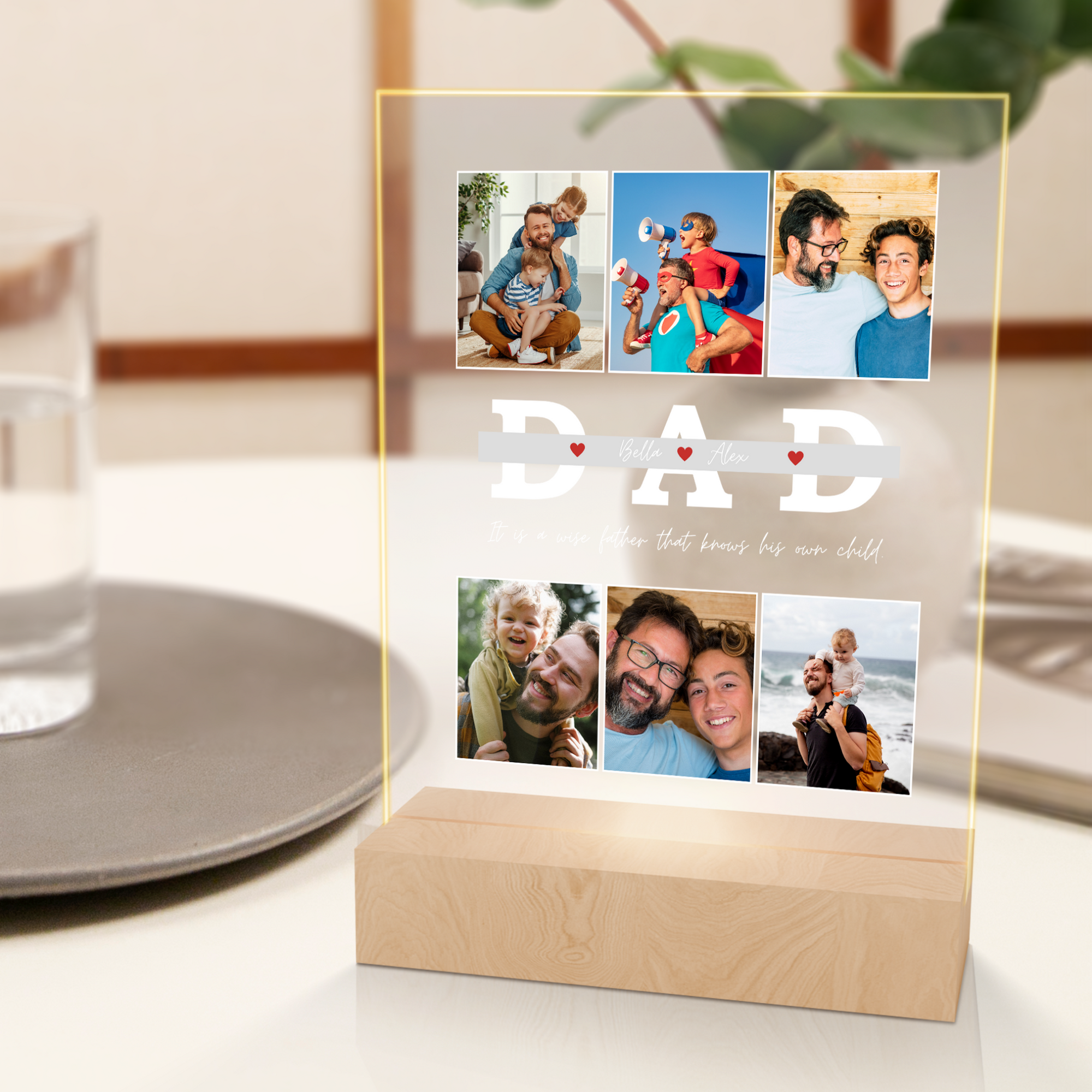 Custom 3D Collage Dad Photos & Names LED Night Light, Personalised UV Printed Acrylic Wooden Table Lamp Sign, Room Decor, Father's Day Gift