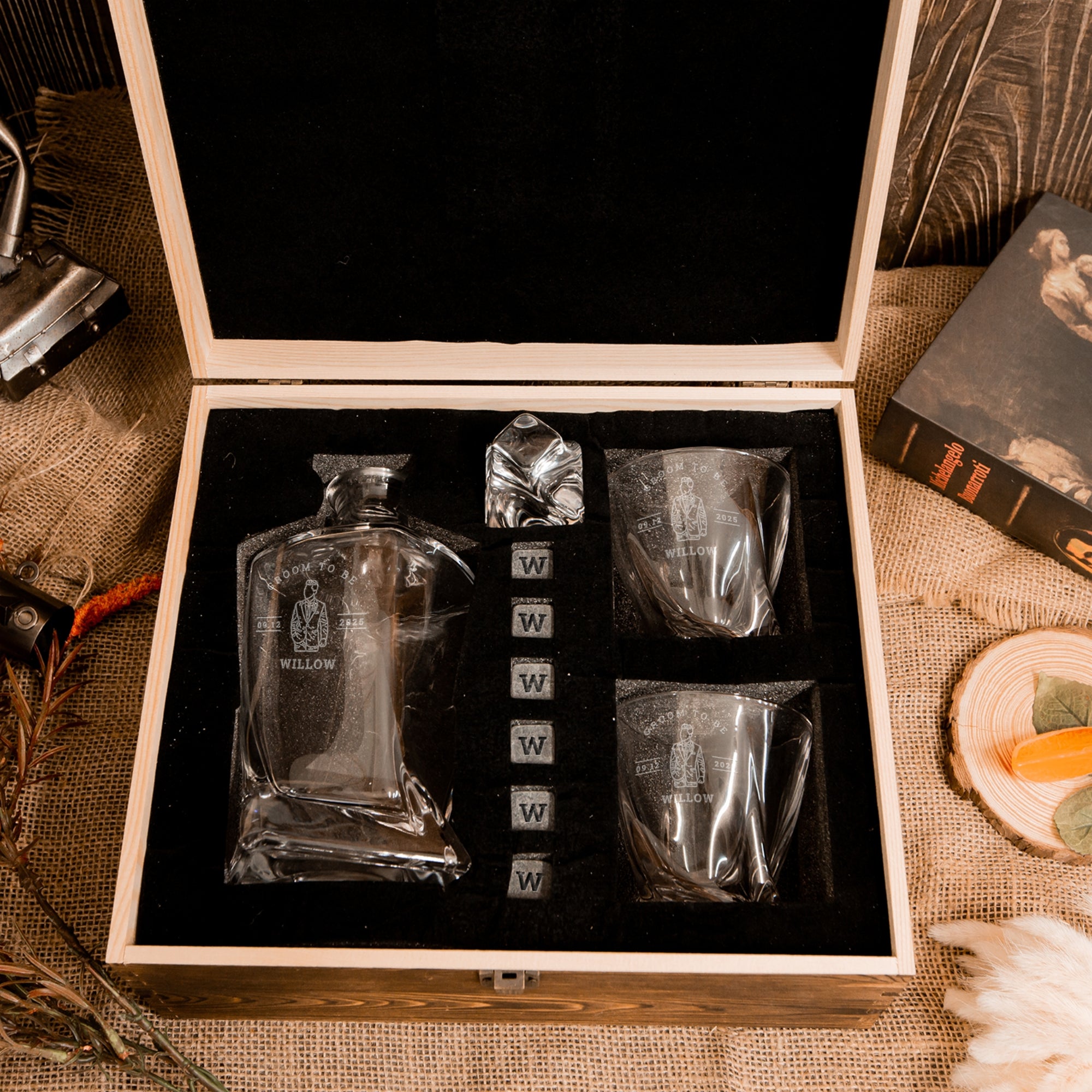 Engraved Whiskey Wooden Box - Twisted Decanter, 2 Scotch Glasses & 6 Ice Stones Personalised Barware Set, Groomsman, Father's Day, Xmas Gift