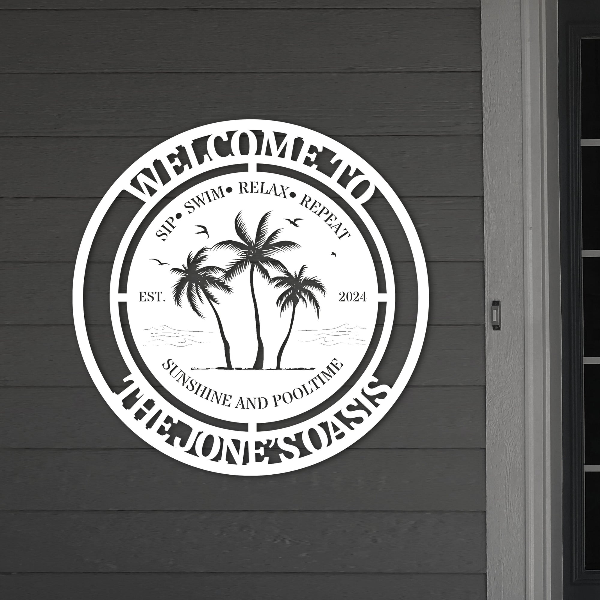 Custom Tropical Palm Oasis Retreat Poolside Hoop Sign, Personalised Name Acrylic Pool Bar Backyard/ Patio/ Deck Wall Art, Housewarming Gift