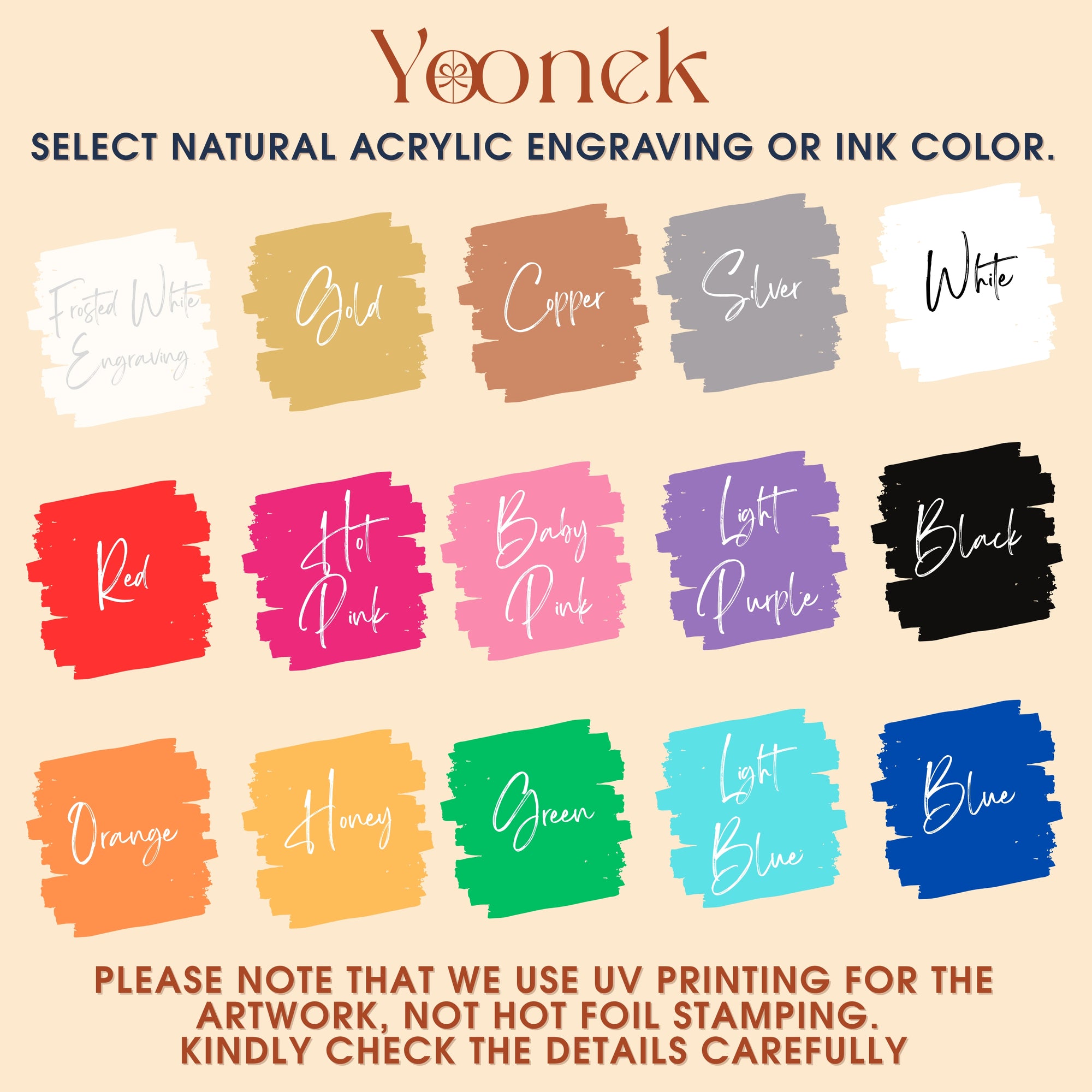 Color swatches for acrylic engraving or ink color selection by Yoonek on a beige background.
