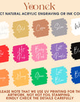 Color swatches for acrylic engraving or ink color selection by Yoonek on a beige background.