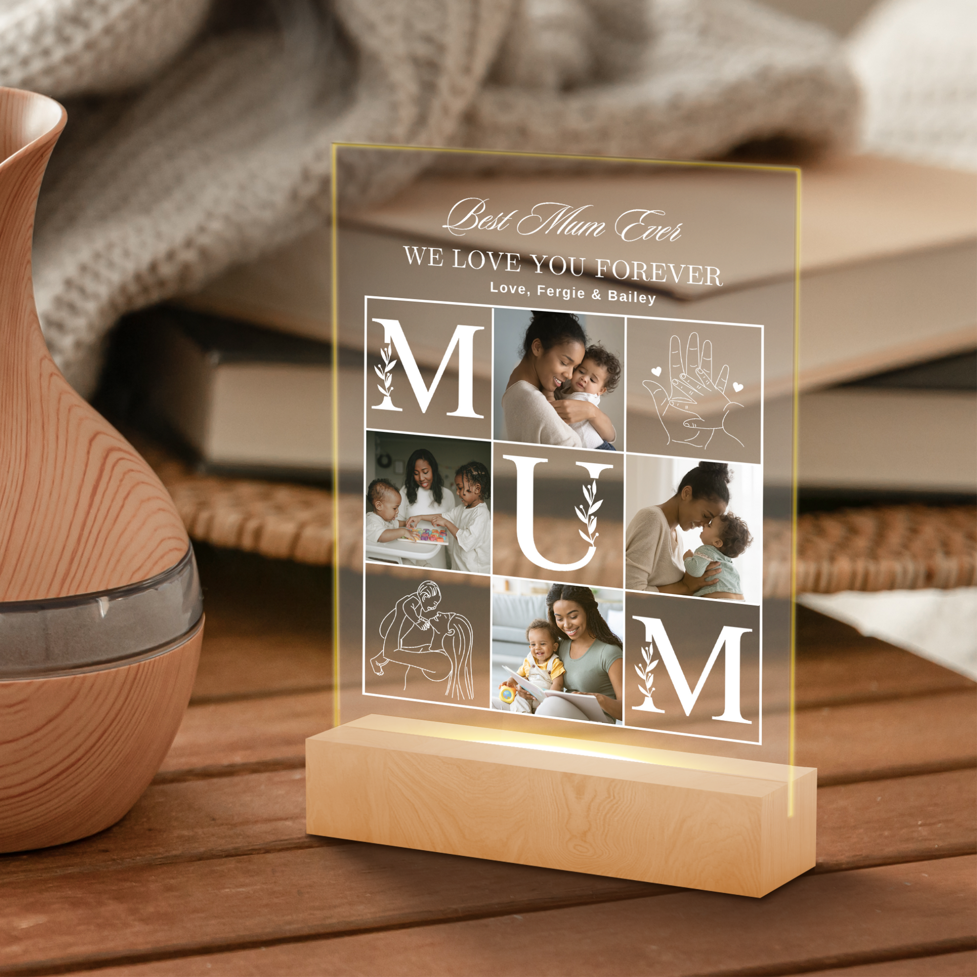 Custom 3D Collage Mom Photos Names LED Night Light, Personalised UV Printed Acrylic Wooden Table Lamp Sign Room Decor, Mum Mother's Day Gift